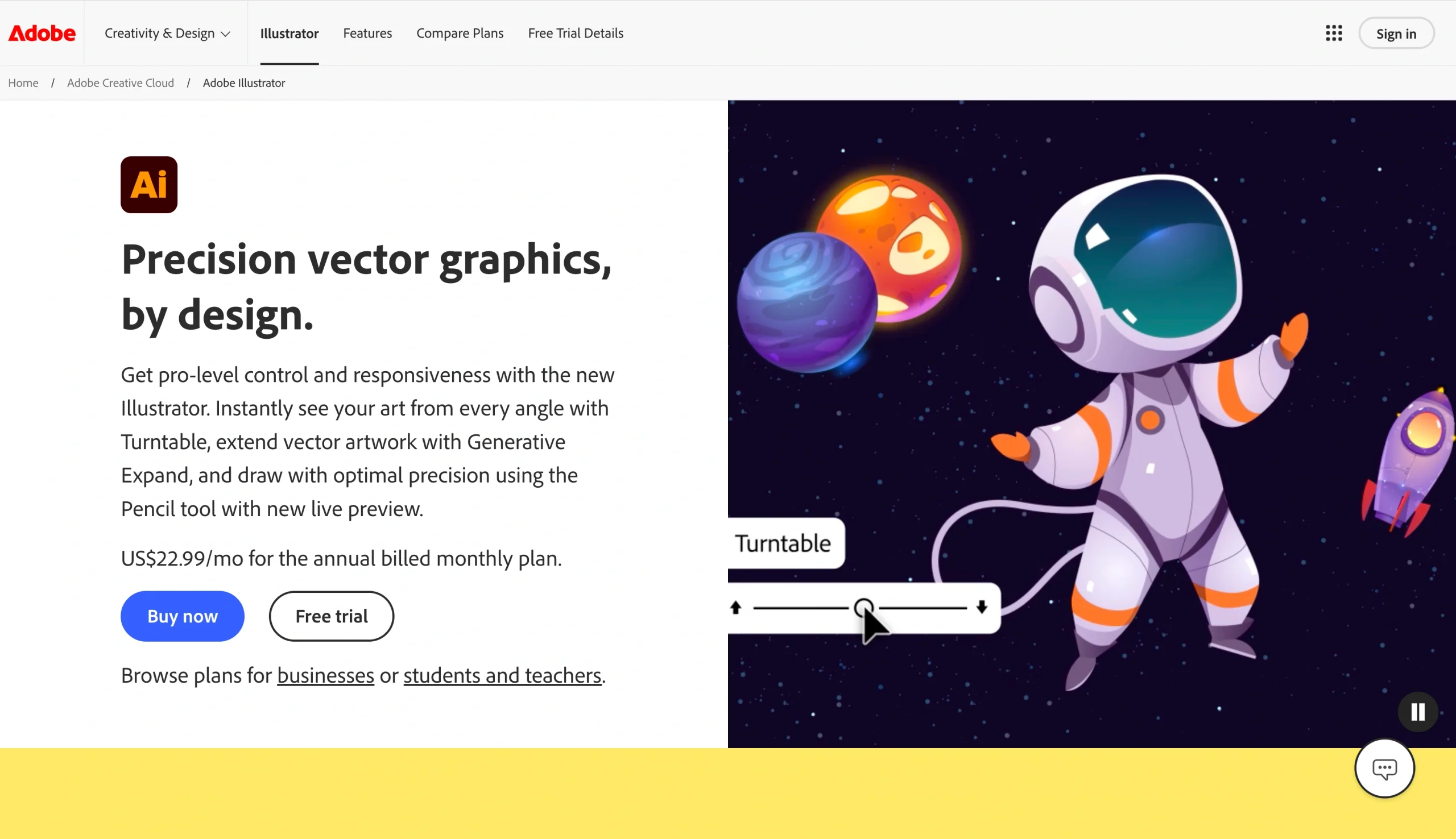 Screenshot of the Adobe Illustrator landing page, showing a headline "Precision vector graphics, by design