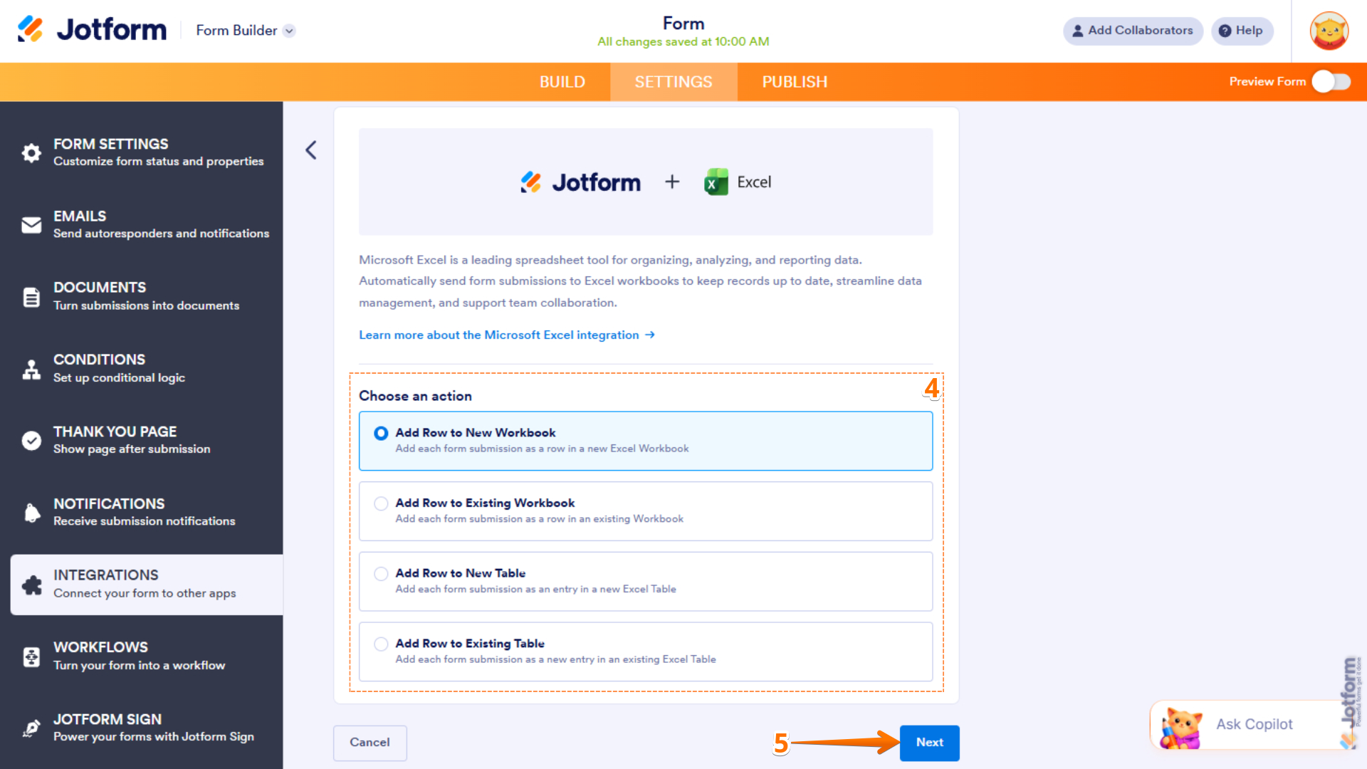 Choose an action section in the Jotform-Microsoft Excel integration