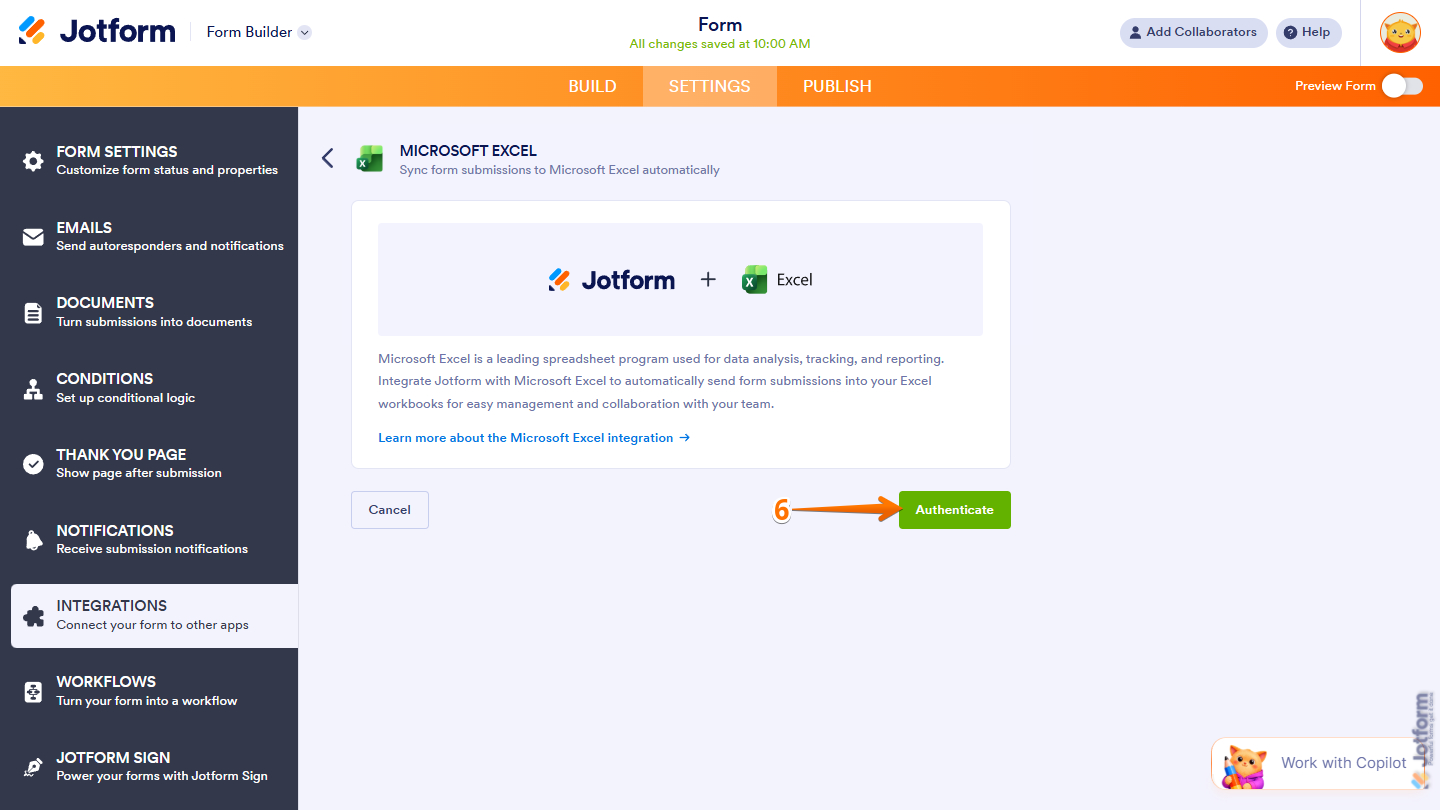Authenticate button in the Jotform-Microsoft Excel integration