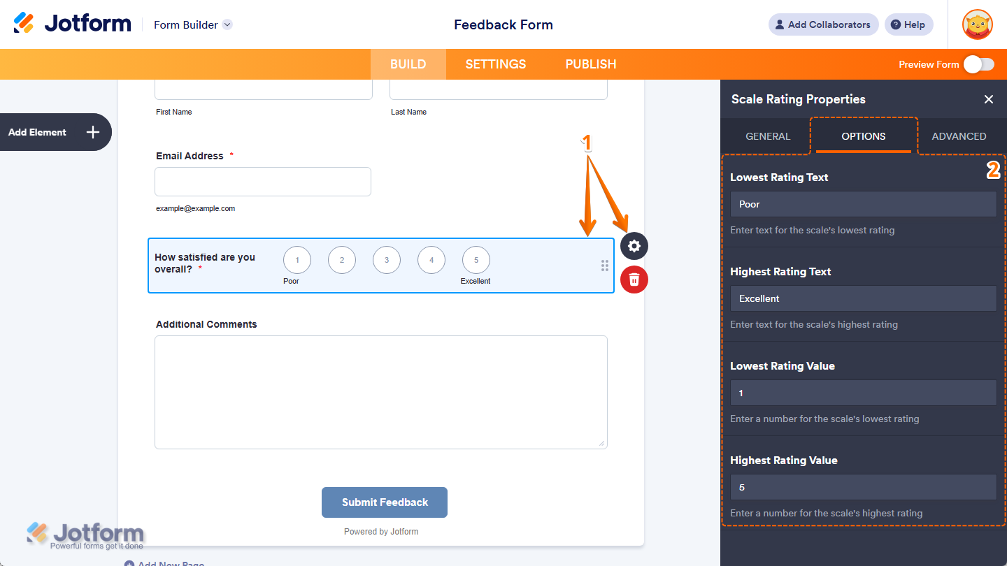 Different properties under the Options tab in the Scale Rating Properties menu in Jotform Form Builder