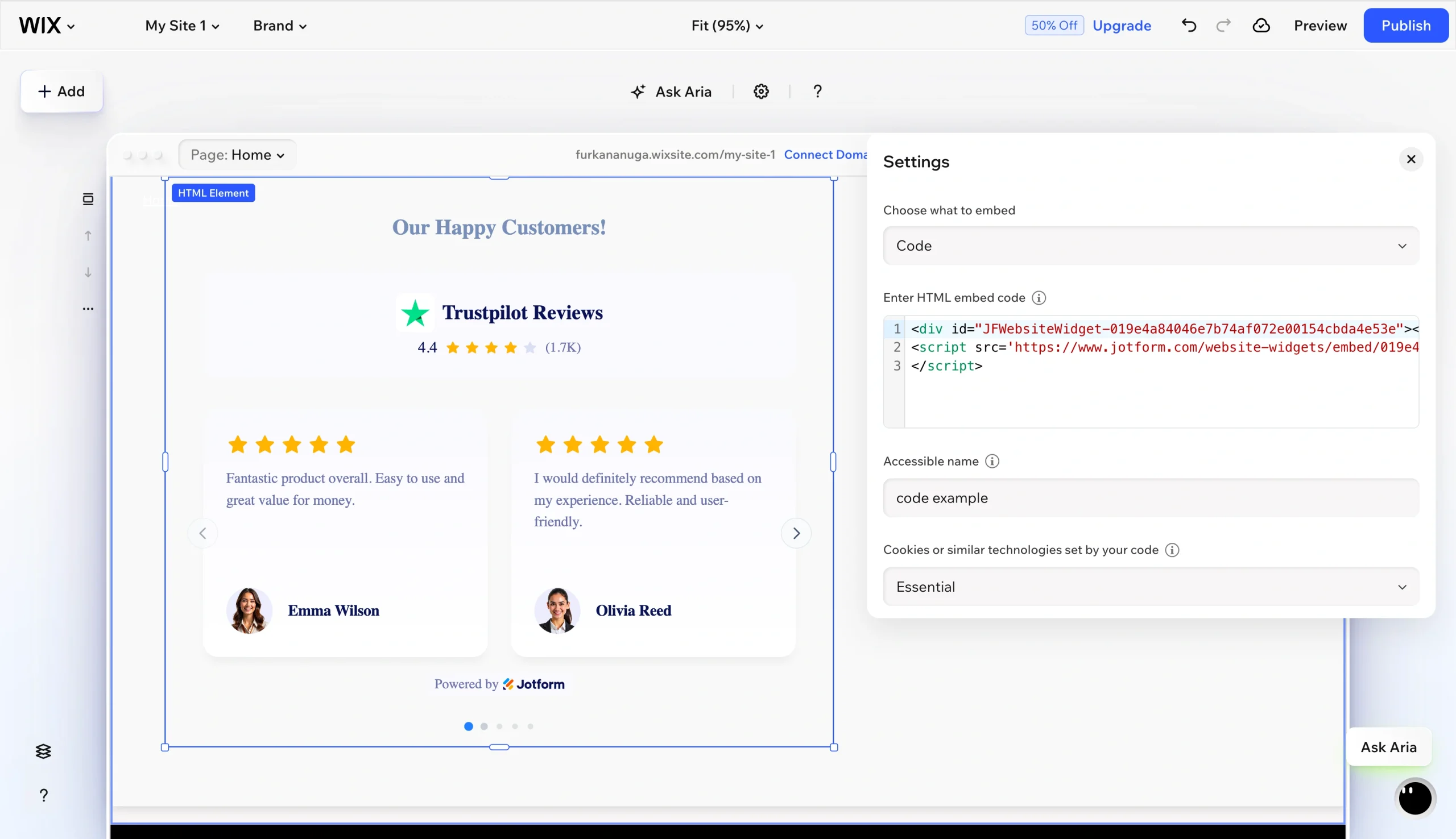 Screenshot of the Wix editor displaying a Trustpilot Reviews widget on a webpage, with the embed code settings panel open on the right