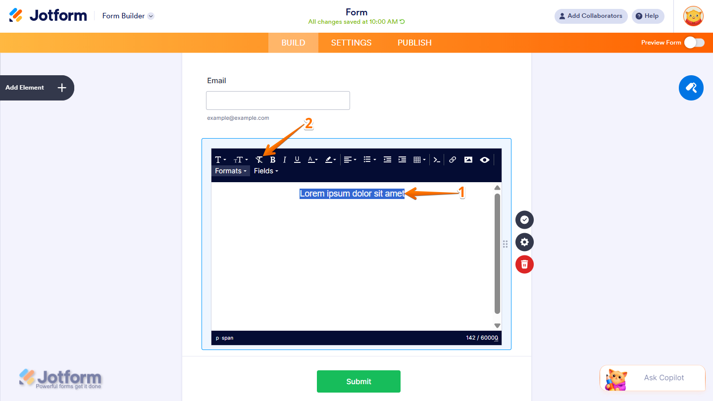 Clear Formatting option in the Paragraph element