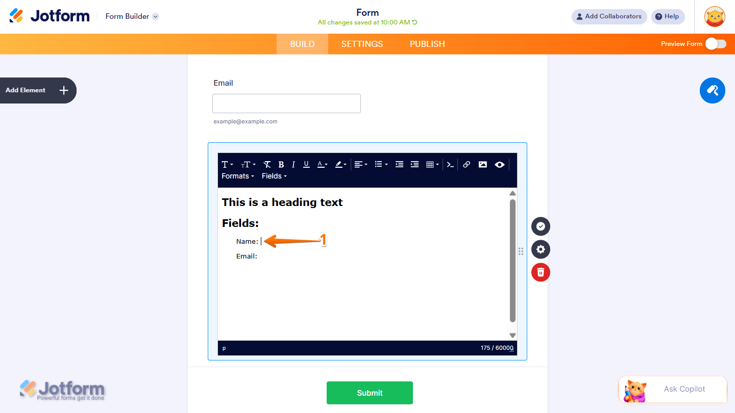 Fields option in the Paragraph element