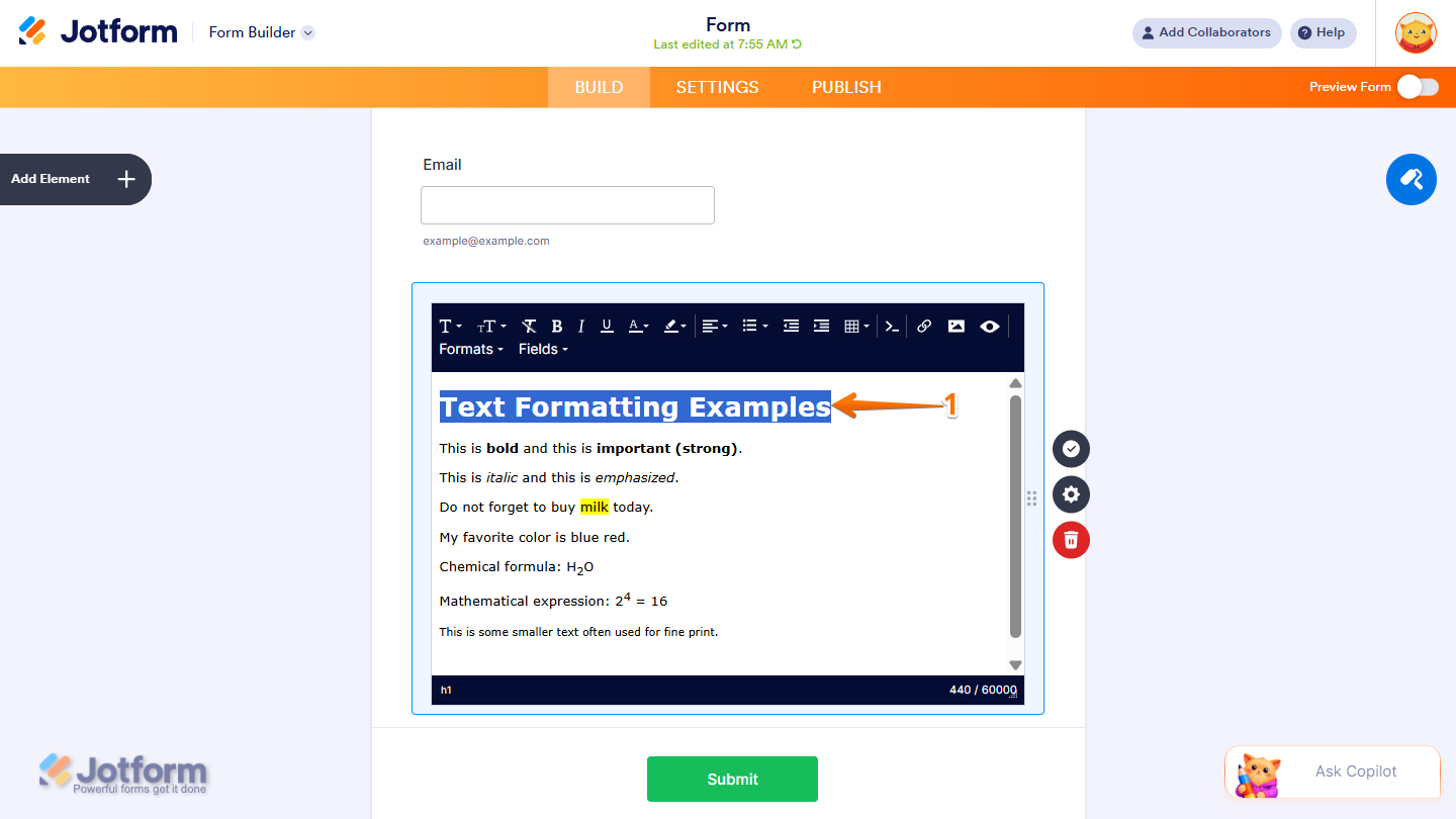 Formats option in the Paragraph element