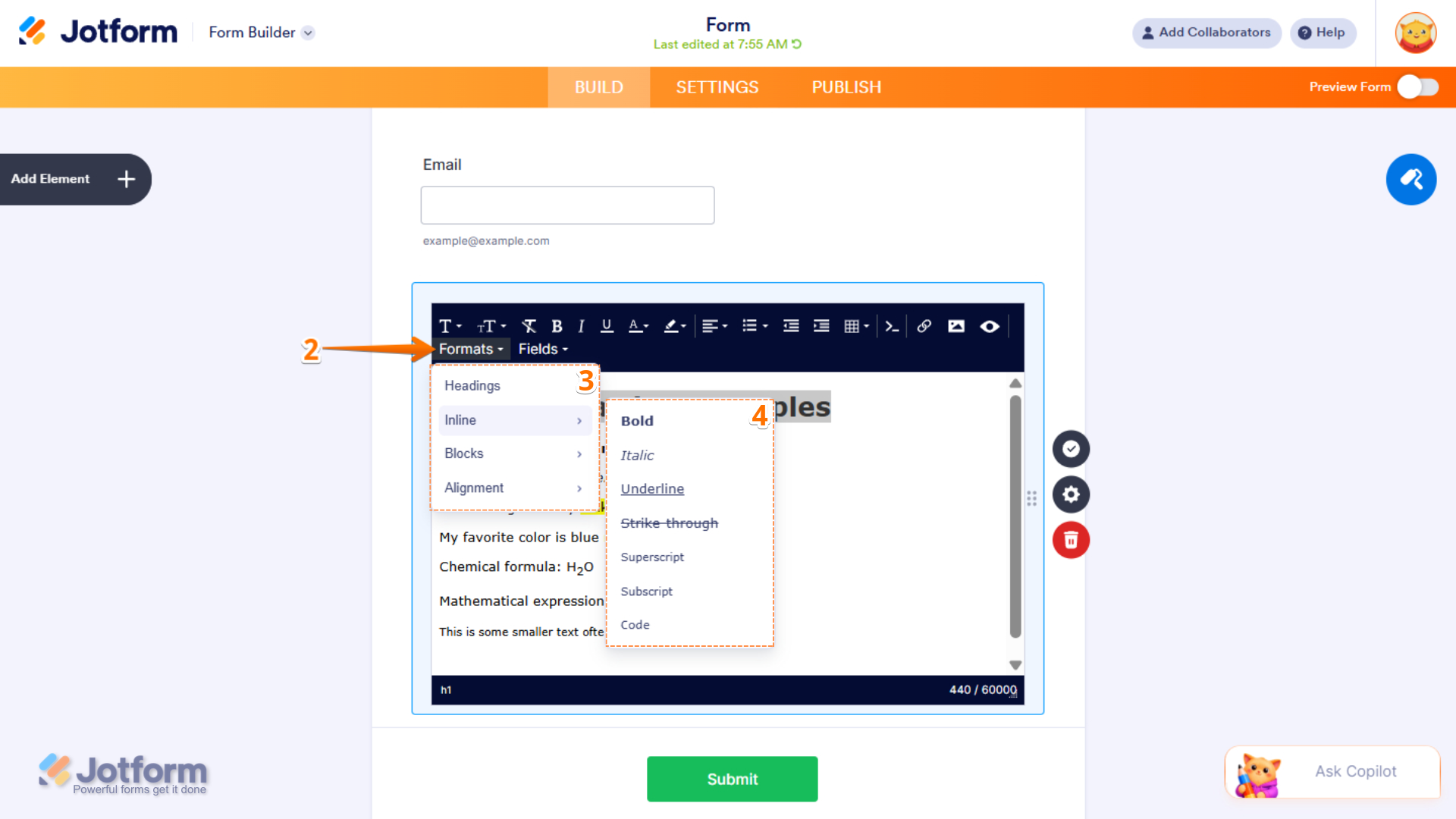 Format options in the Paragraph element