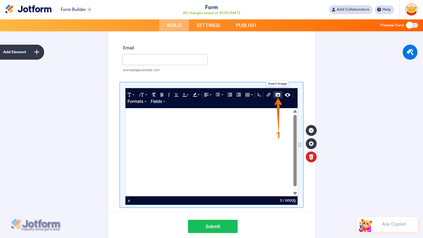 Insert Image option in the Paragraph element