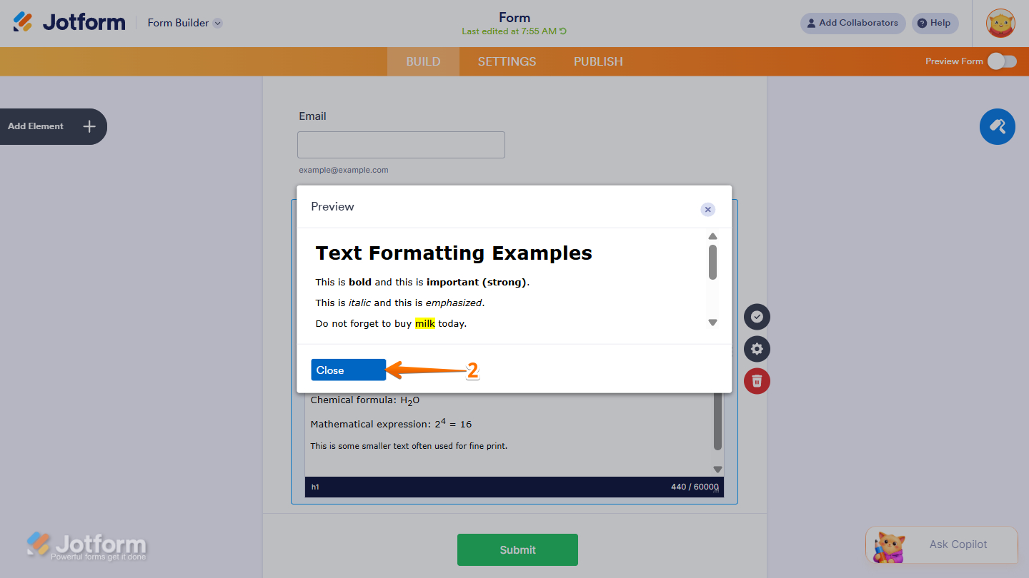 Close option in the Preview window of the Paragraph element
