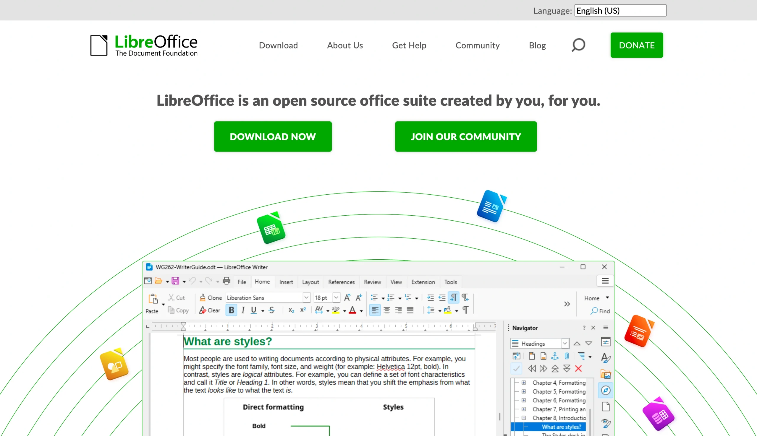Screenshot of the LibreOffice landing page