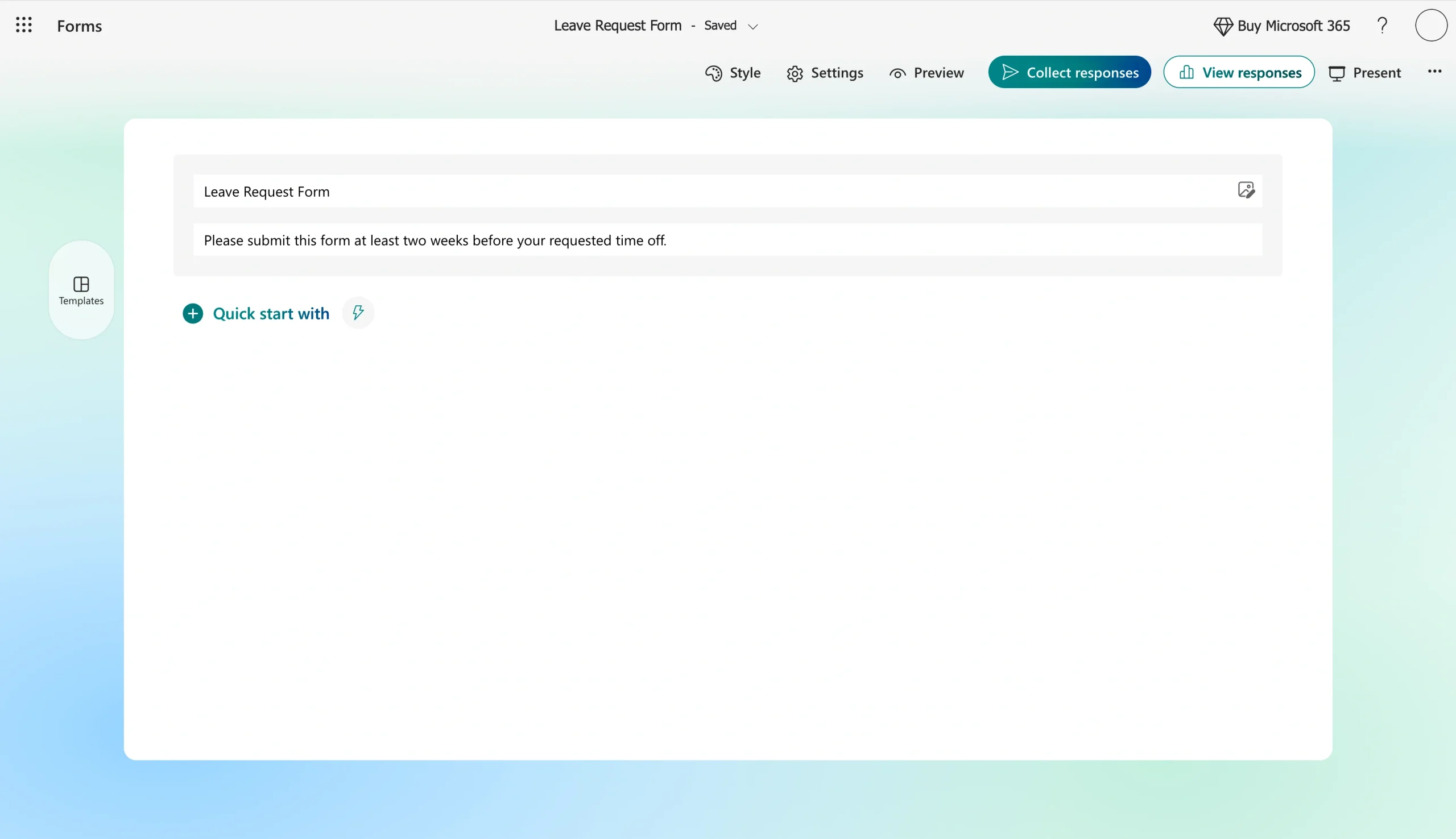 Microsoft Form with the title and description fields filled in