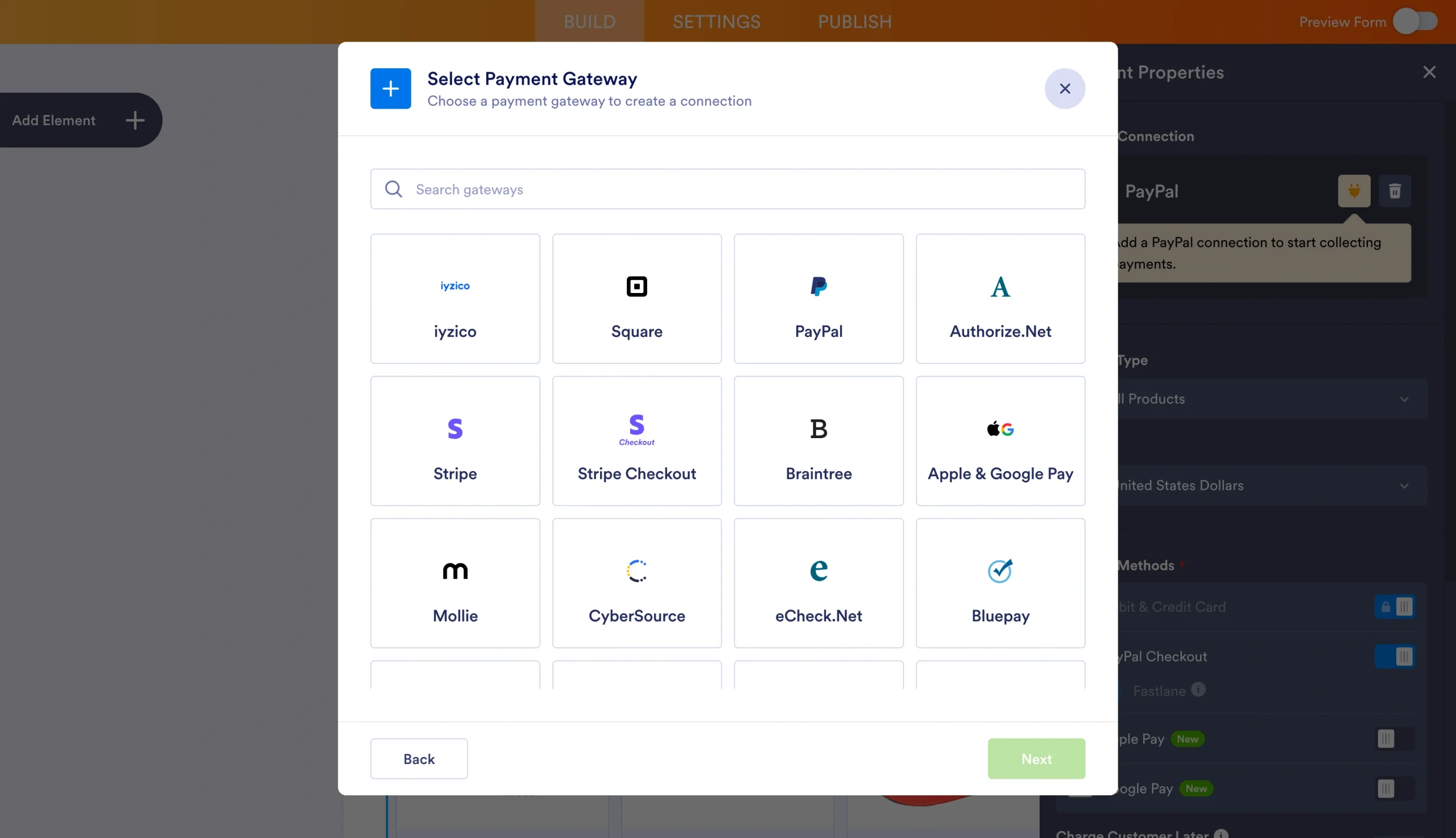 Jotform Form Builder Payments tab showing payment gateway options like PayPal, Stripe, and Square