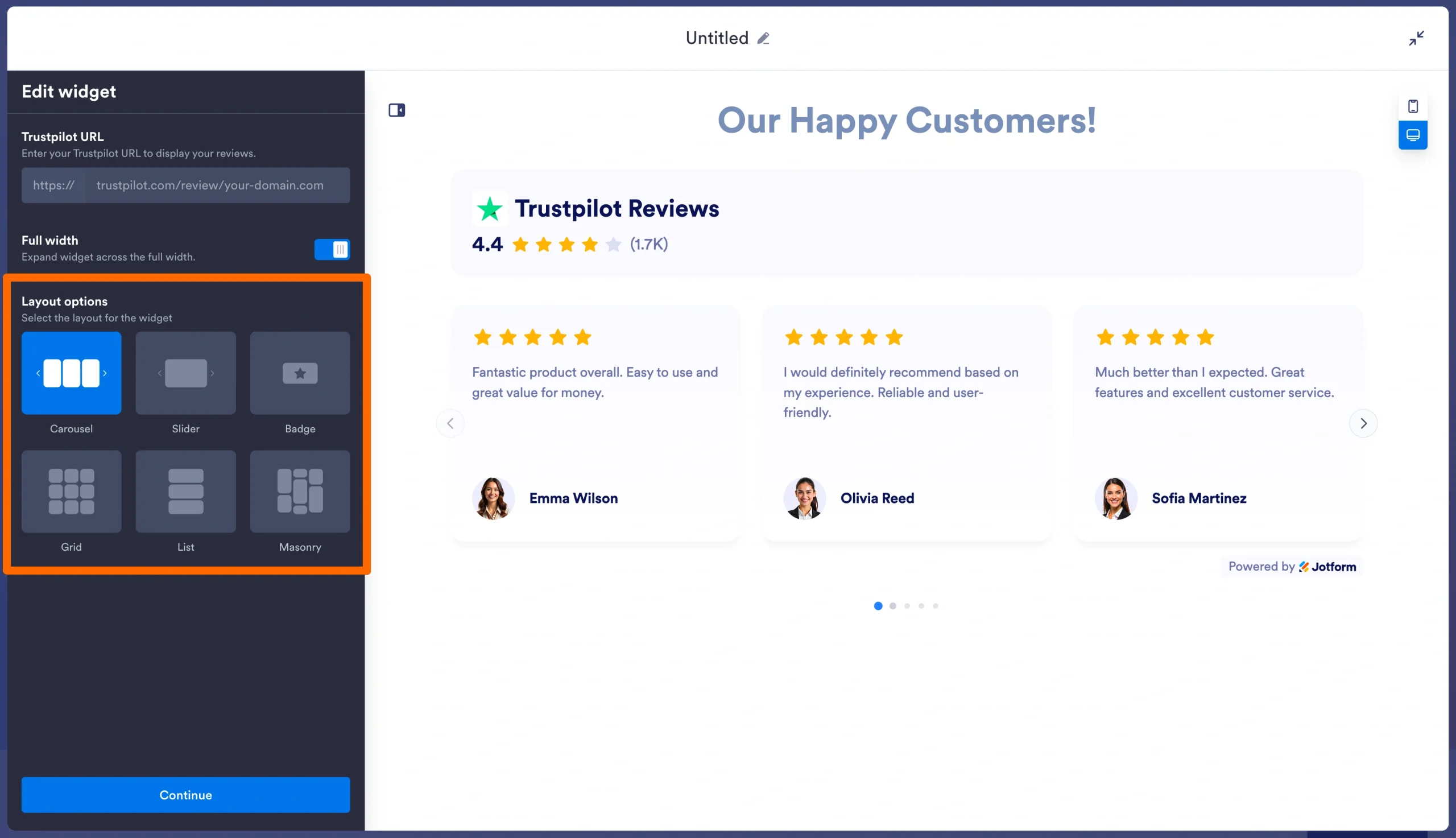 Layout options for the Trustpilot review widget in Jotform