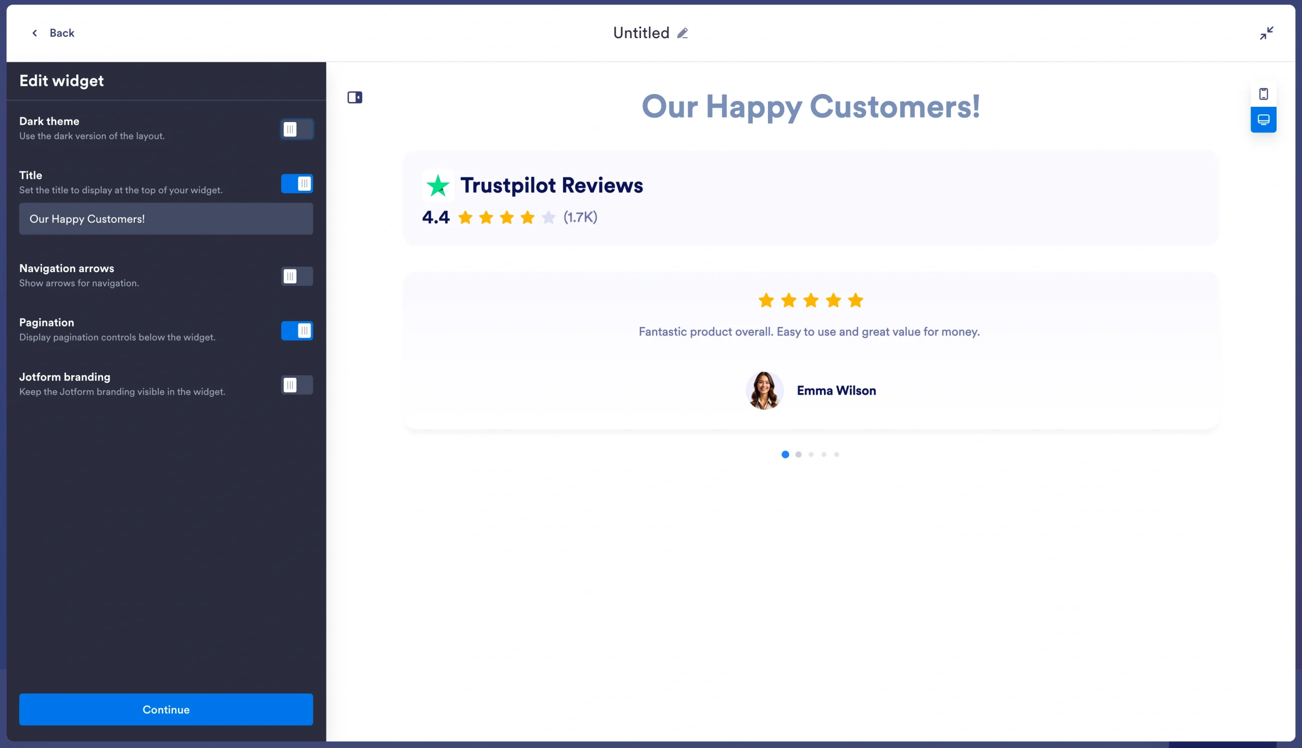 Additional customization settings for the Trustpilot review widget