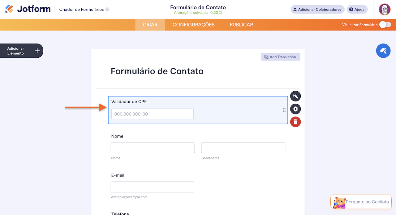 Criador de Formulários Jotform mostrando o widget Validador de CPF
