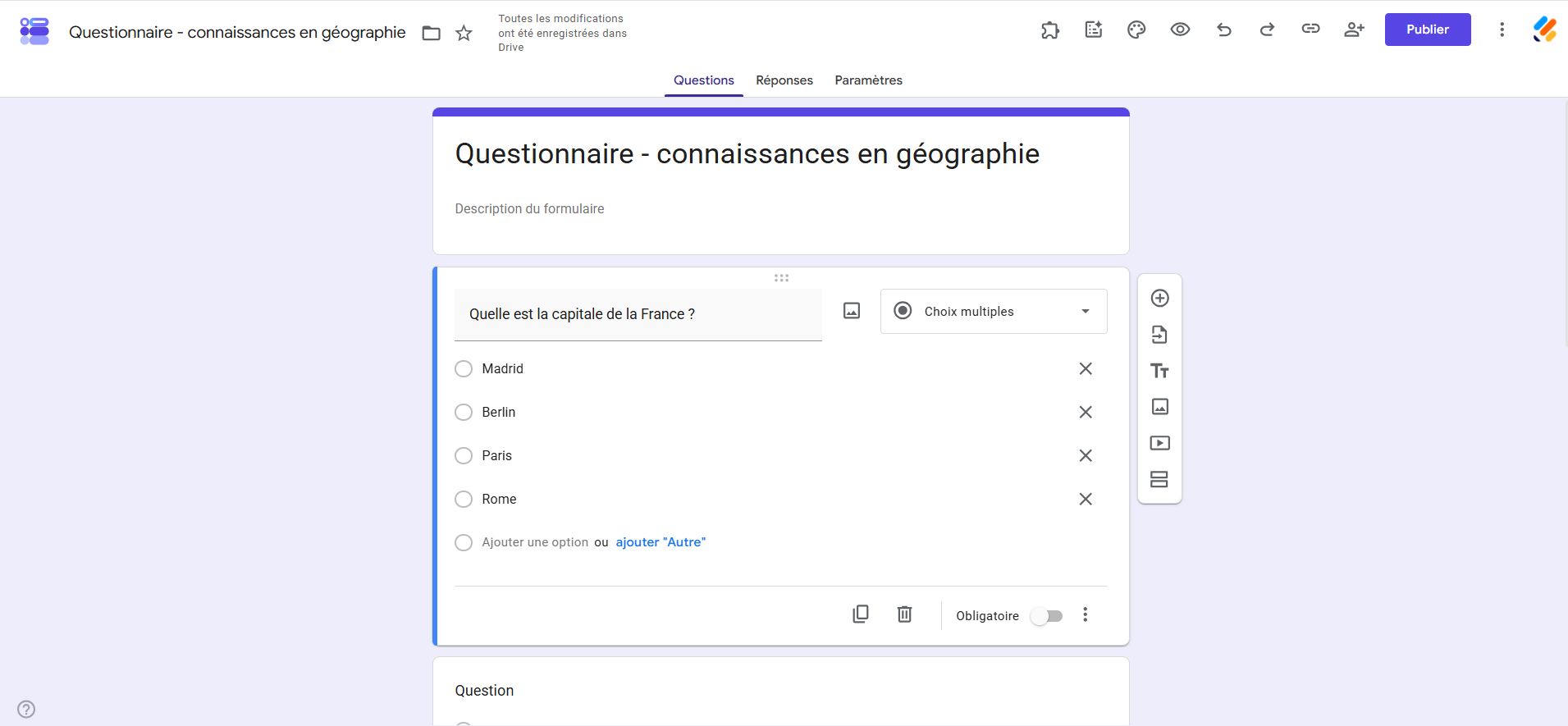 Capture d'écran d'un questionnaire de connaissances en géographie créé dans Google Forms avec une question à Choix multiples