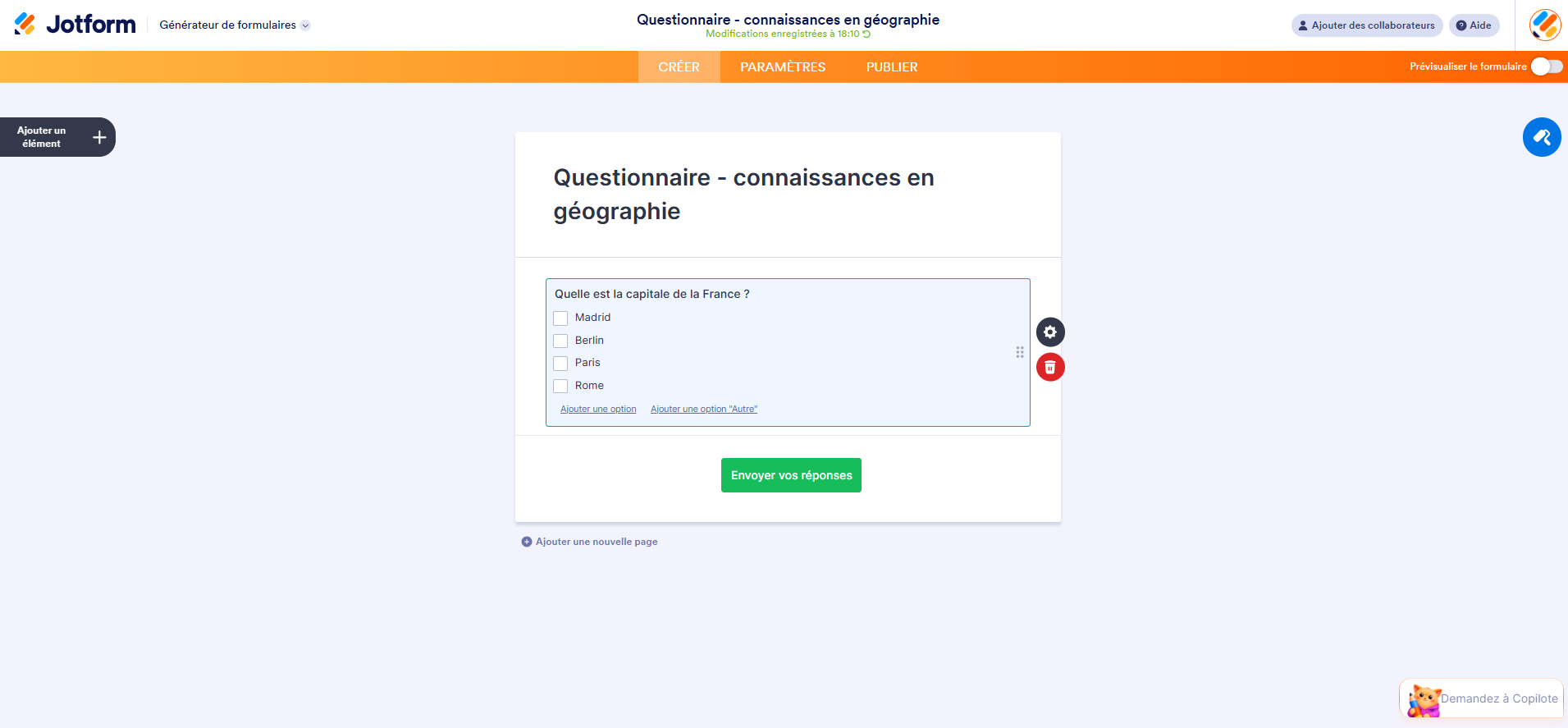 Capture d'écran d'un questionnaire de connaissances en géographie créé dans Jotform avec une question à Choix multiples