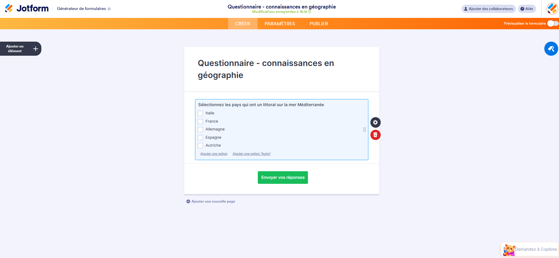 Capture d'écran d'un questionnaire de connaissances en géographie créé dans Jotform avec une question de type Cases à cocher