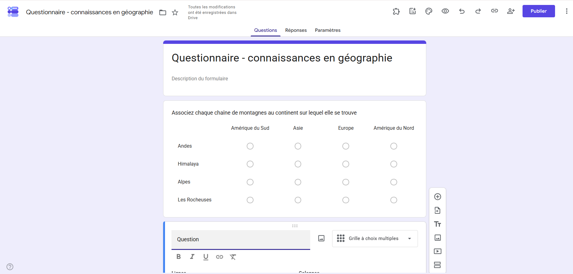 Capture d'écran d'un questionnaire de connaissances en géographie créé dans Google Forms avec une question de type Grille à choix multiples