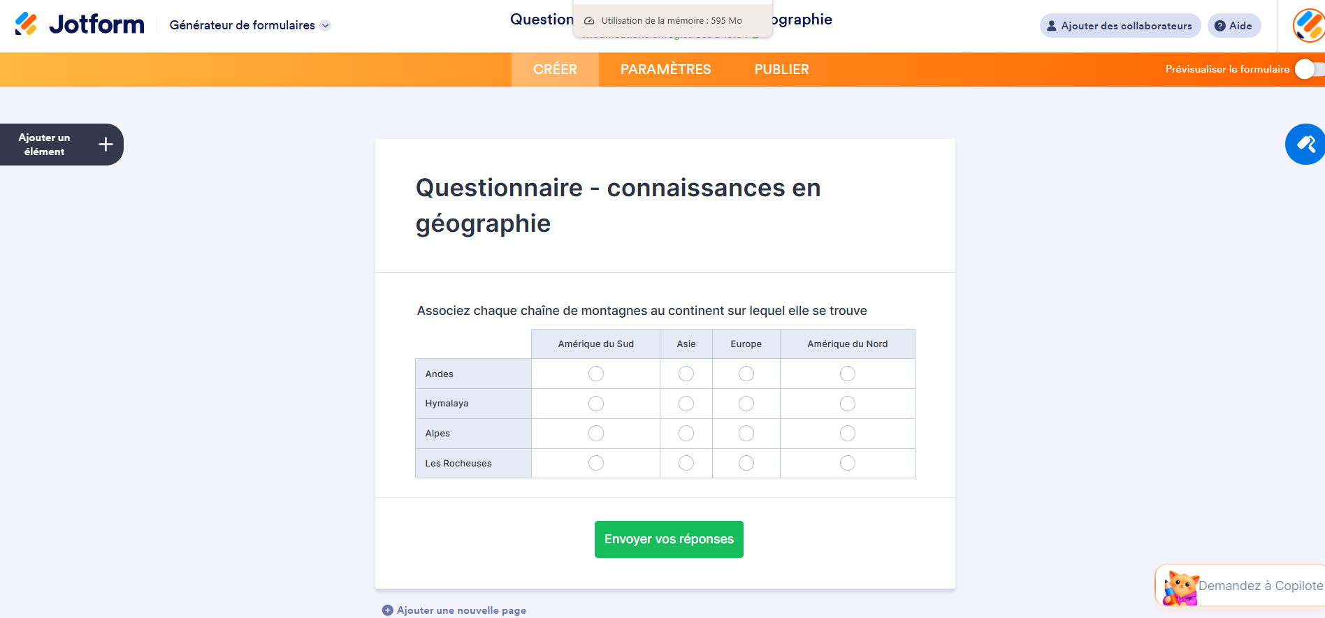 Capture d'écran d'un questionnaire de connaissances en géographie créé dans Jotform avec une question de type Grille à choix multiples