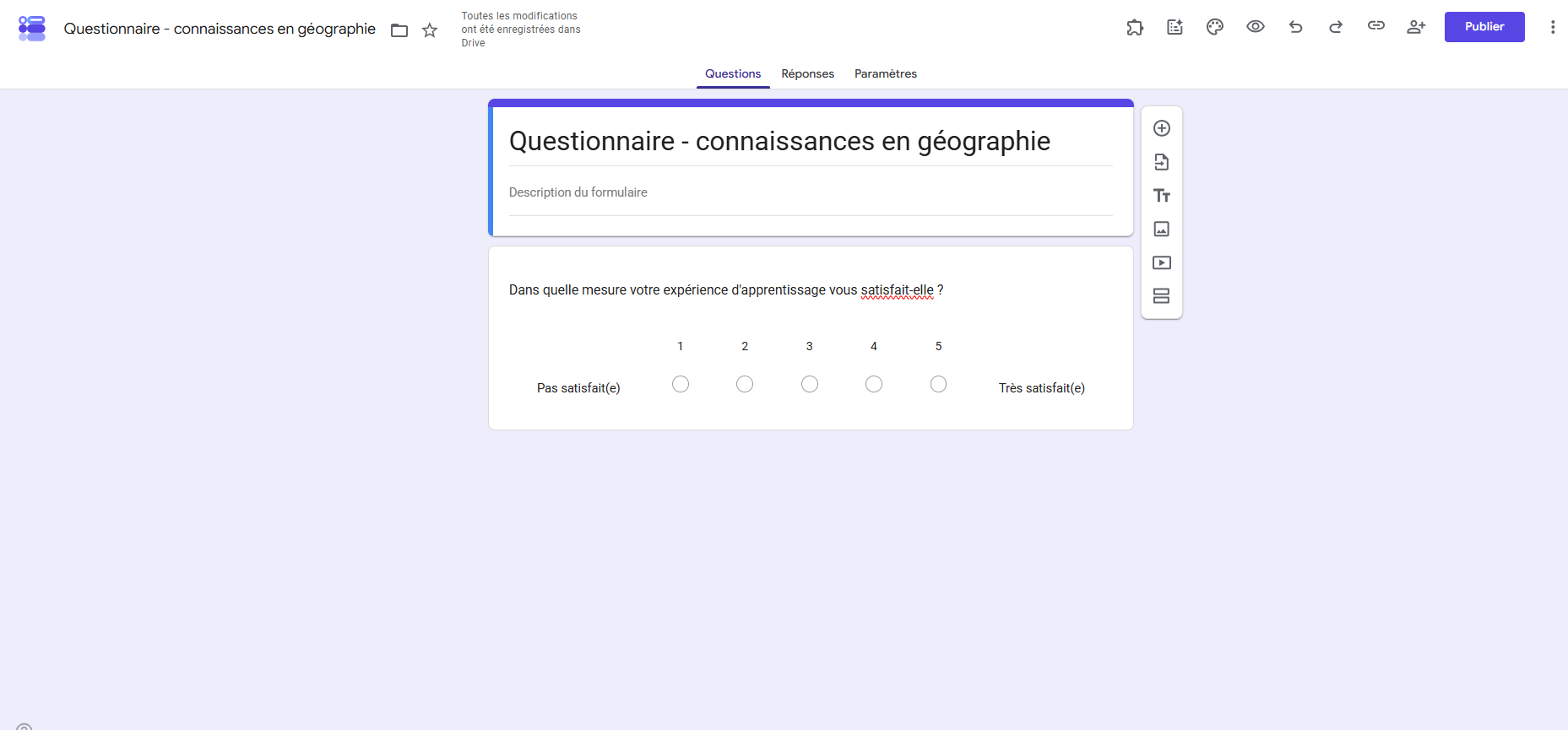 Capture d'écran d'un questionnaire de connaissances en géographie créé dans Google Forms avec une question de type Échelle linéaire