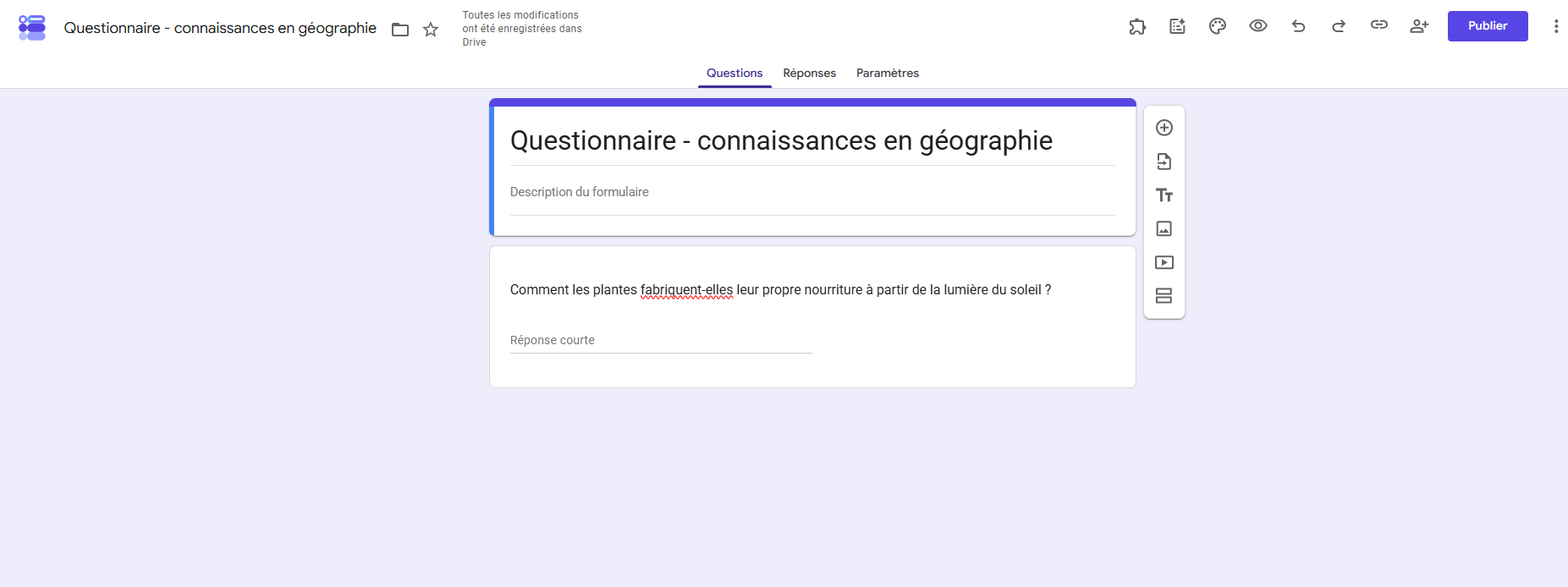 Capture d'écran d'un questionnaire de connaissances en géographie créé dans Google Forms avec une question de type Réponse courte