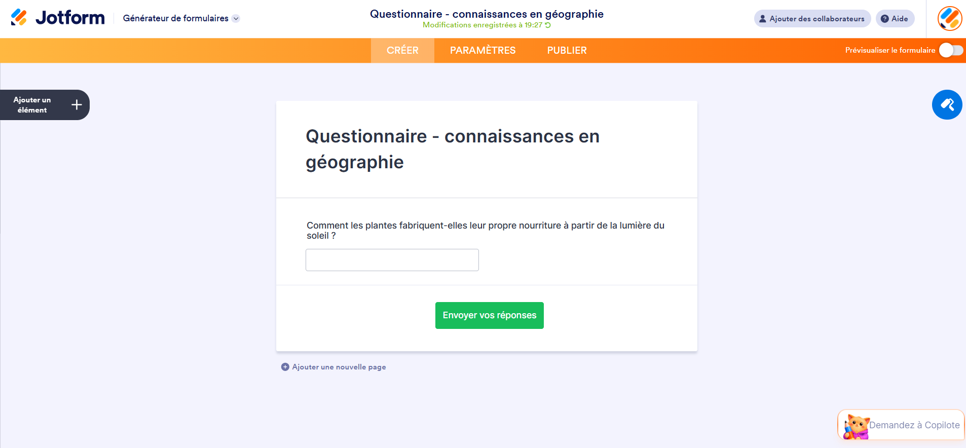 Capture d'écran d'un questionnaire de connaissance en géographie créé dans Jotform avec une question de type Réponse courte