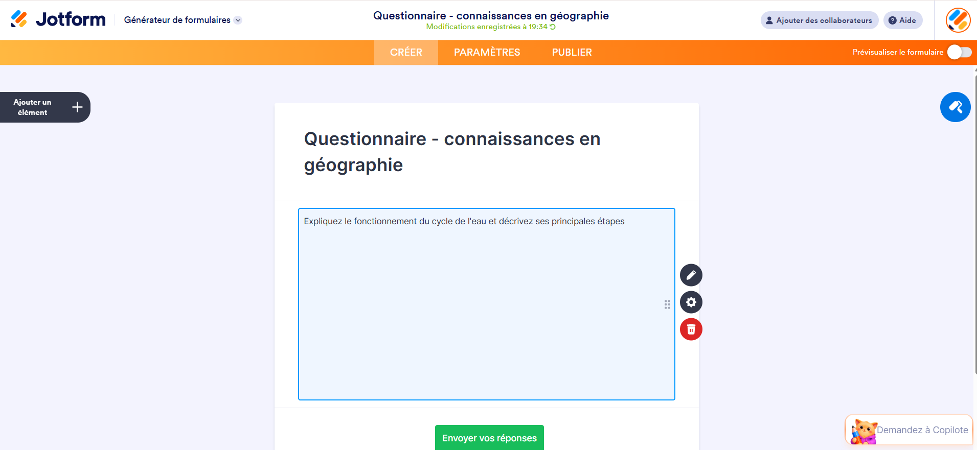 Capture d'écran d'un questionnaire de connaissance en géographie créé dans Jotform avec une question de type Paragraphe