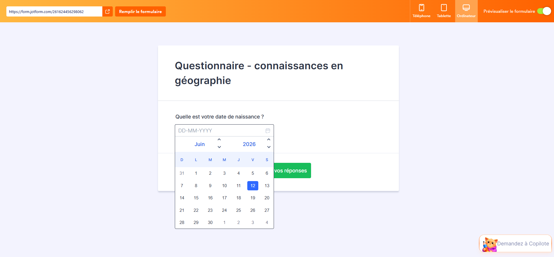 Capture d'écran d'un questionnaire de connaissance en géographie créé dans Jotform avec une question de type Date