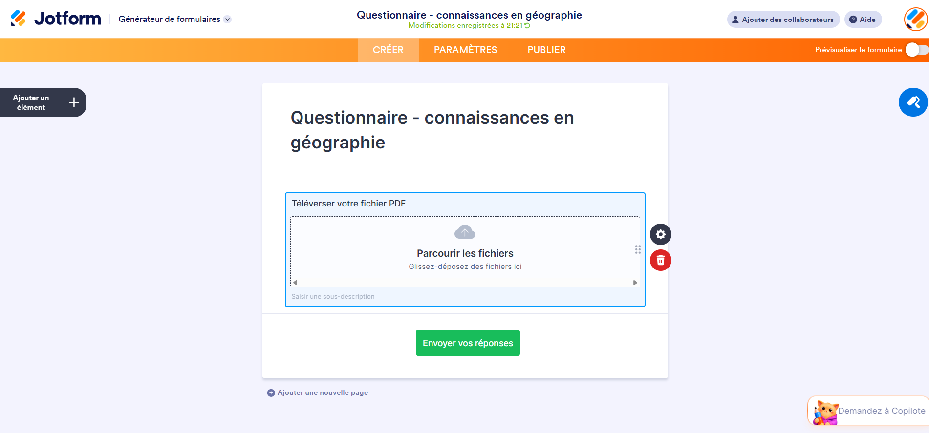 Capture d'écran d'un questionnaire de connaissance en géographie créé dans Jotform avec une question de type Téléversement de fichiers