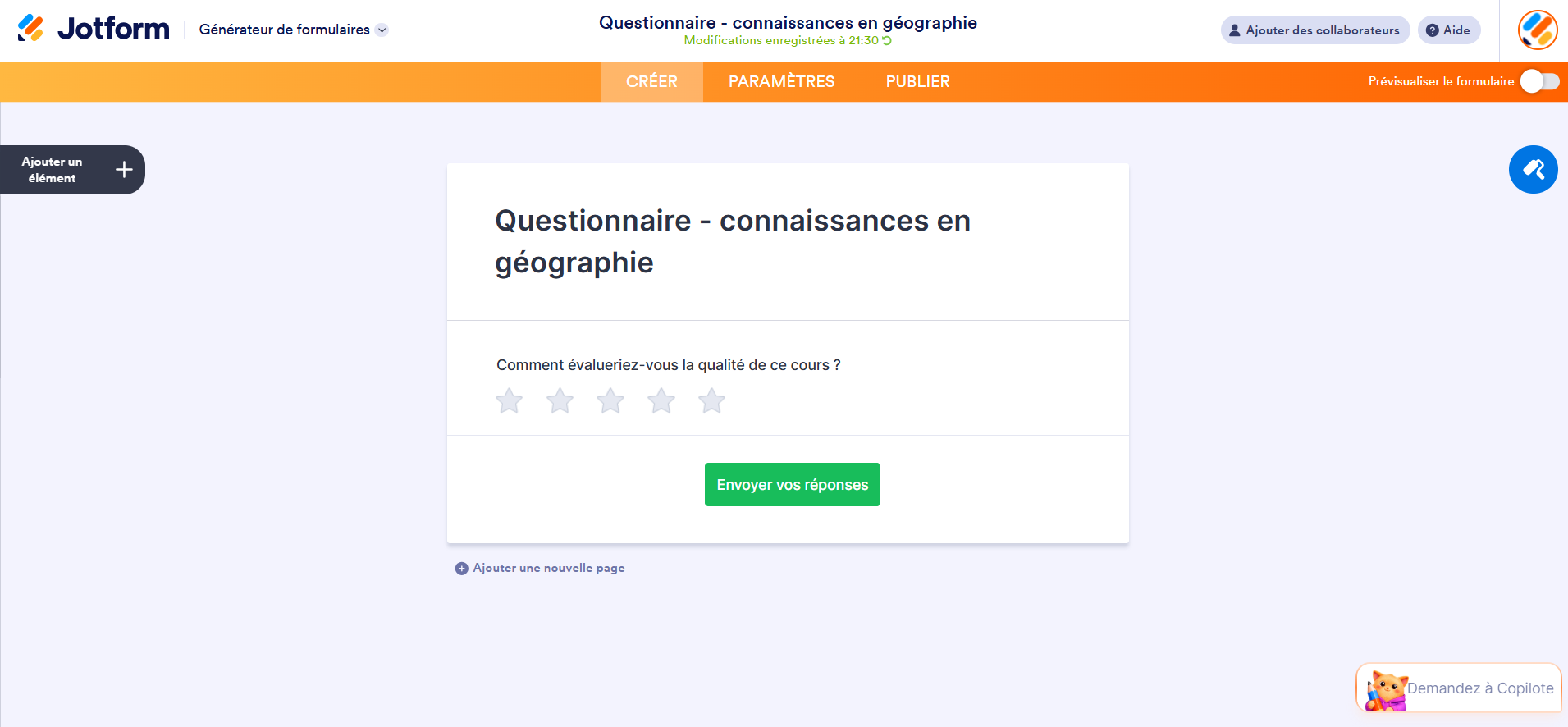 Capture d'écran d'un questionnaire de connaissance en géographie créé dans Jotform avec une question de type Notation par étoiles