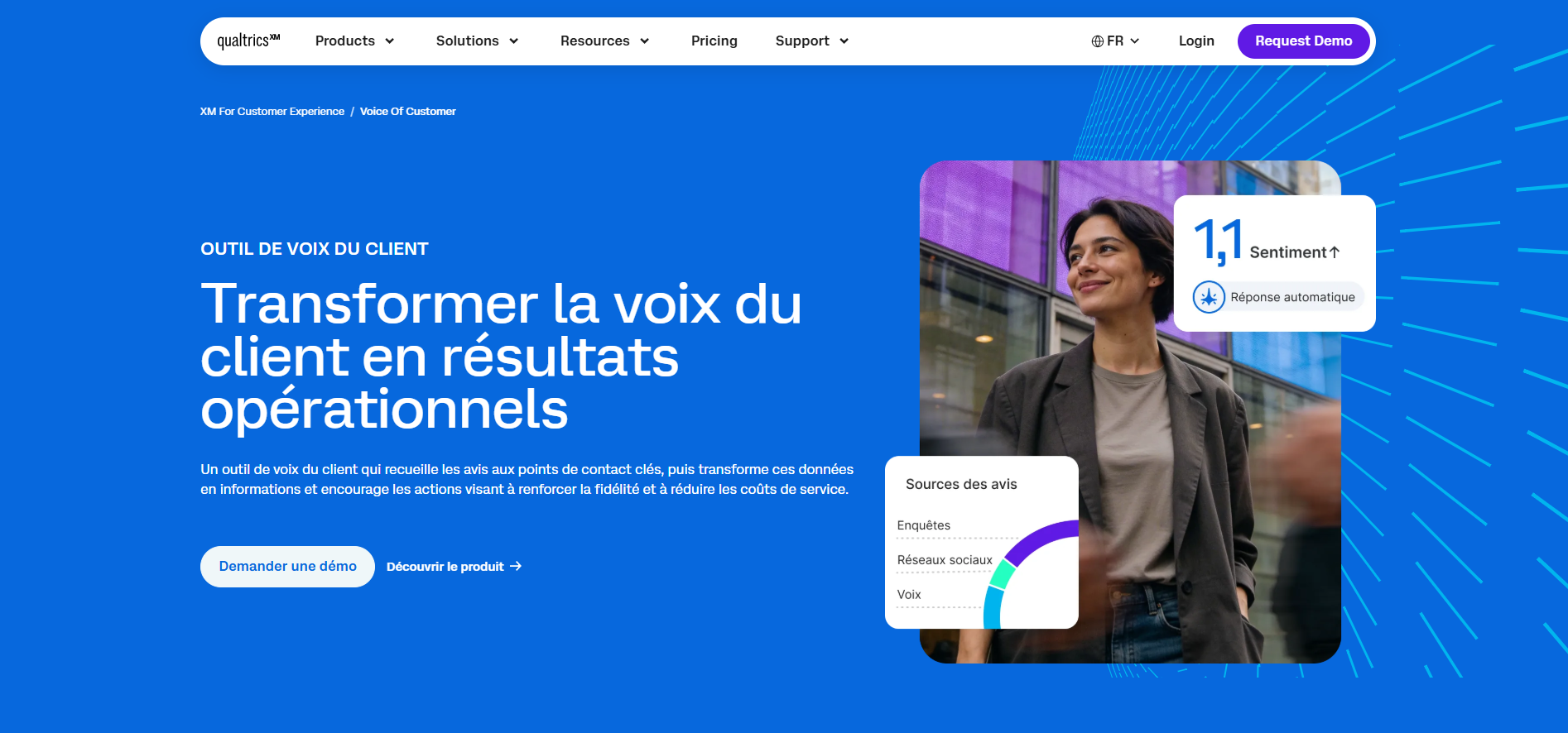 Capture d'écran de la page web de la solution Qualitrics pour les enquêtes clients