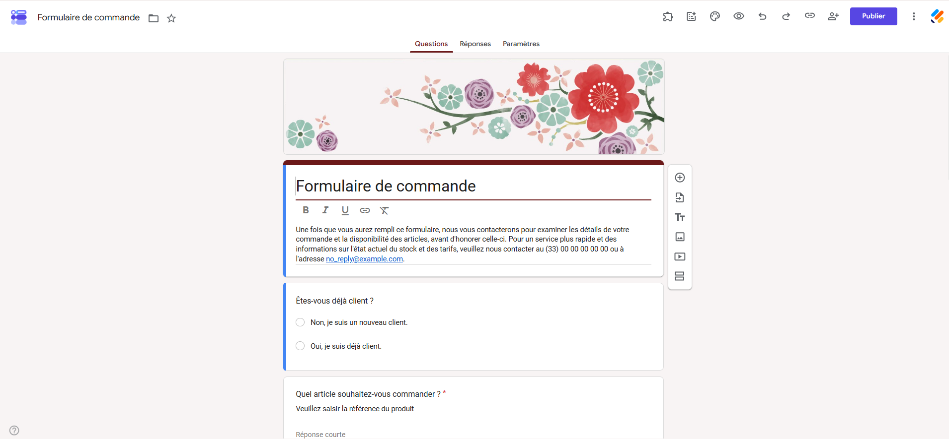 Capture d'écran d'un formulaire de commande dans l'interface de Google Forms