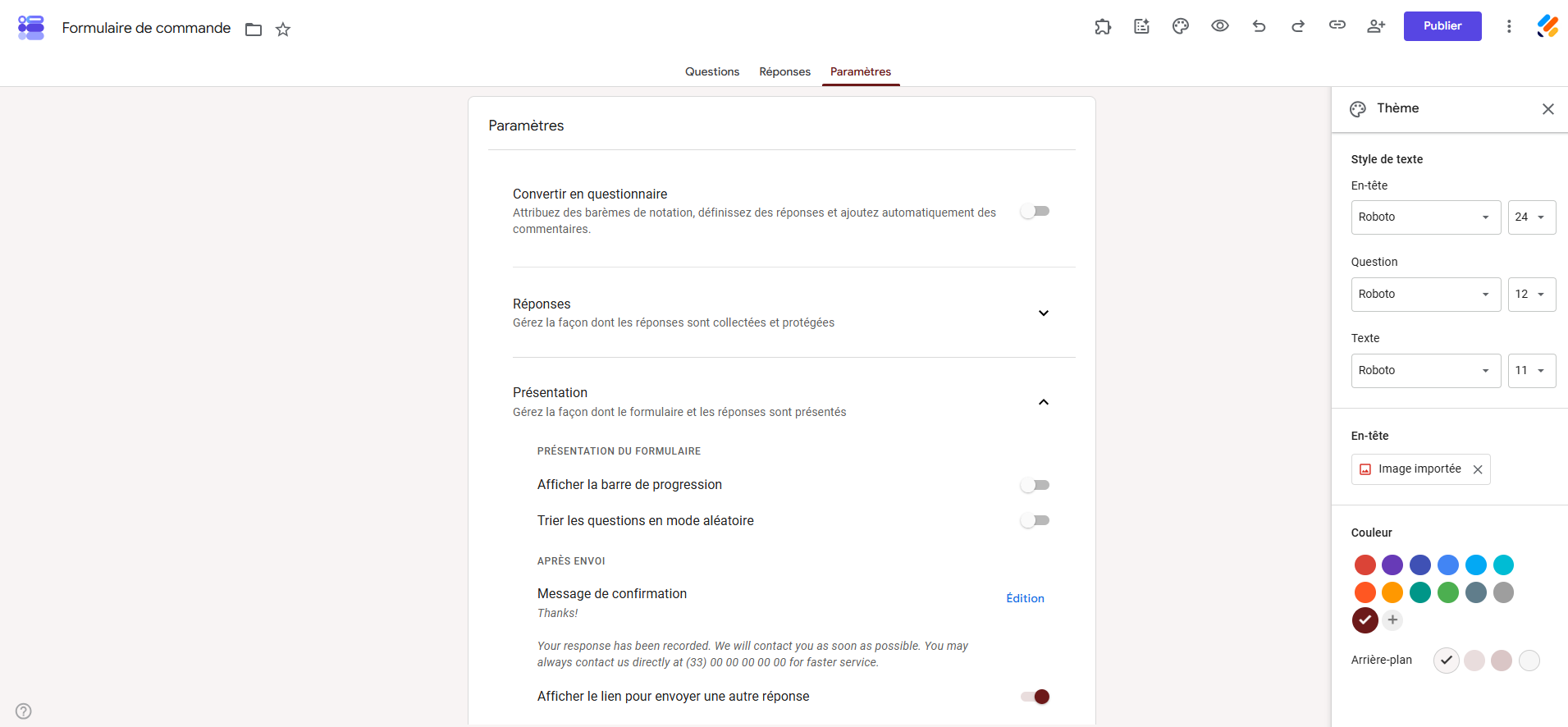Capture d'écran de l'écran due l'onglet Paramètres et du volet Thème dans Google Forms