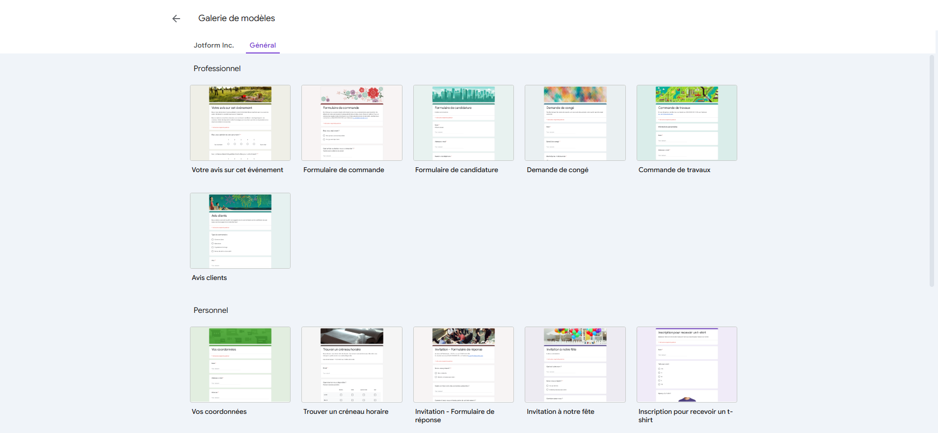Capture d'écran de la galerie de modèles de Google Forms