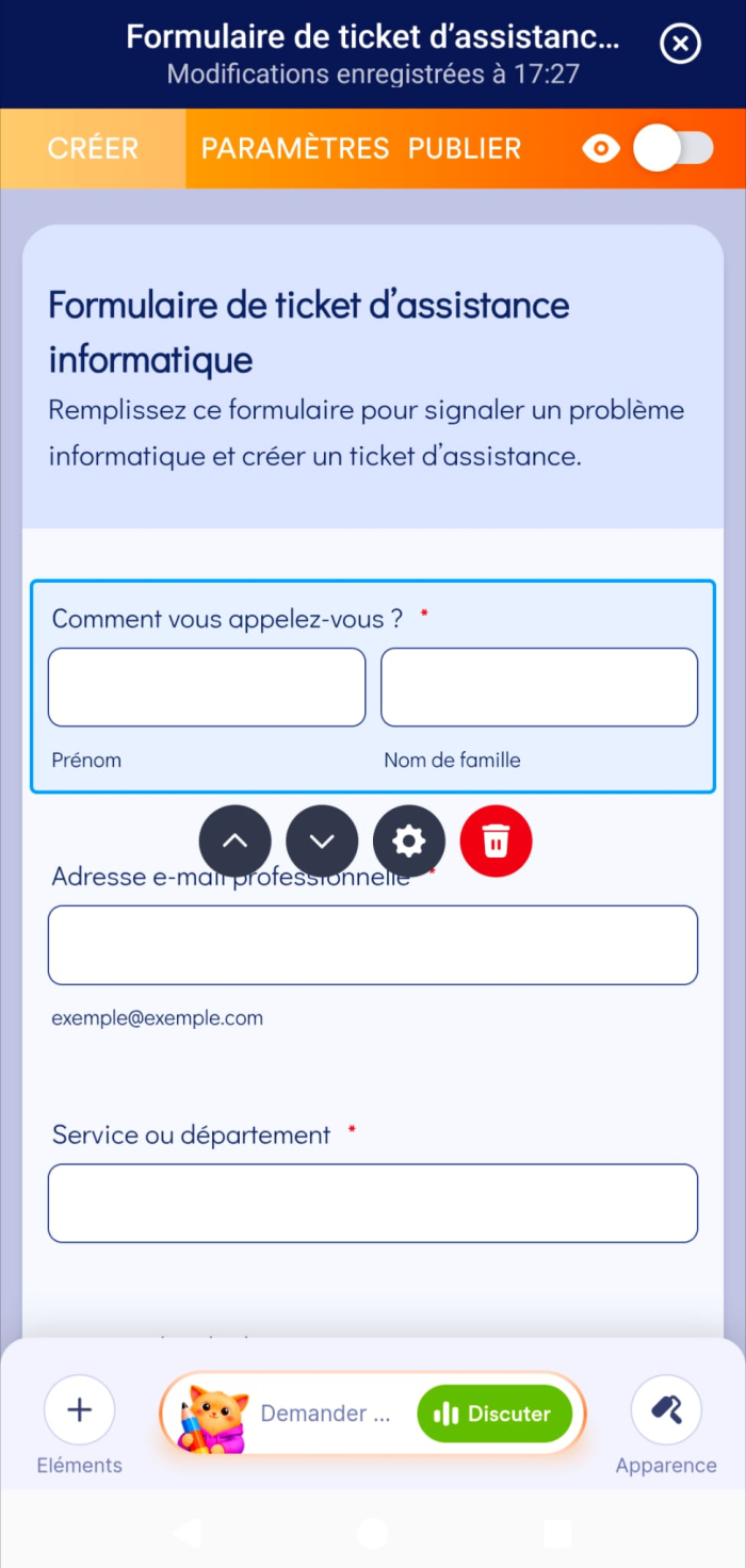 Capture d'écran du formulaire dans l'application Jotform Mobile avec les modifications effectuées par le Copilote Jotform sur un appareil mobile