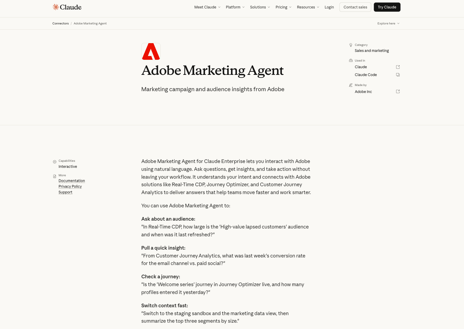 interface of adobe marketing agent connector for Claude