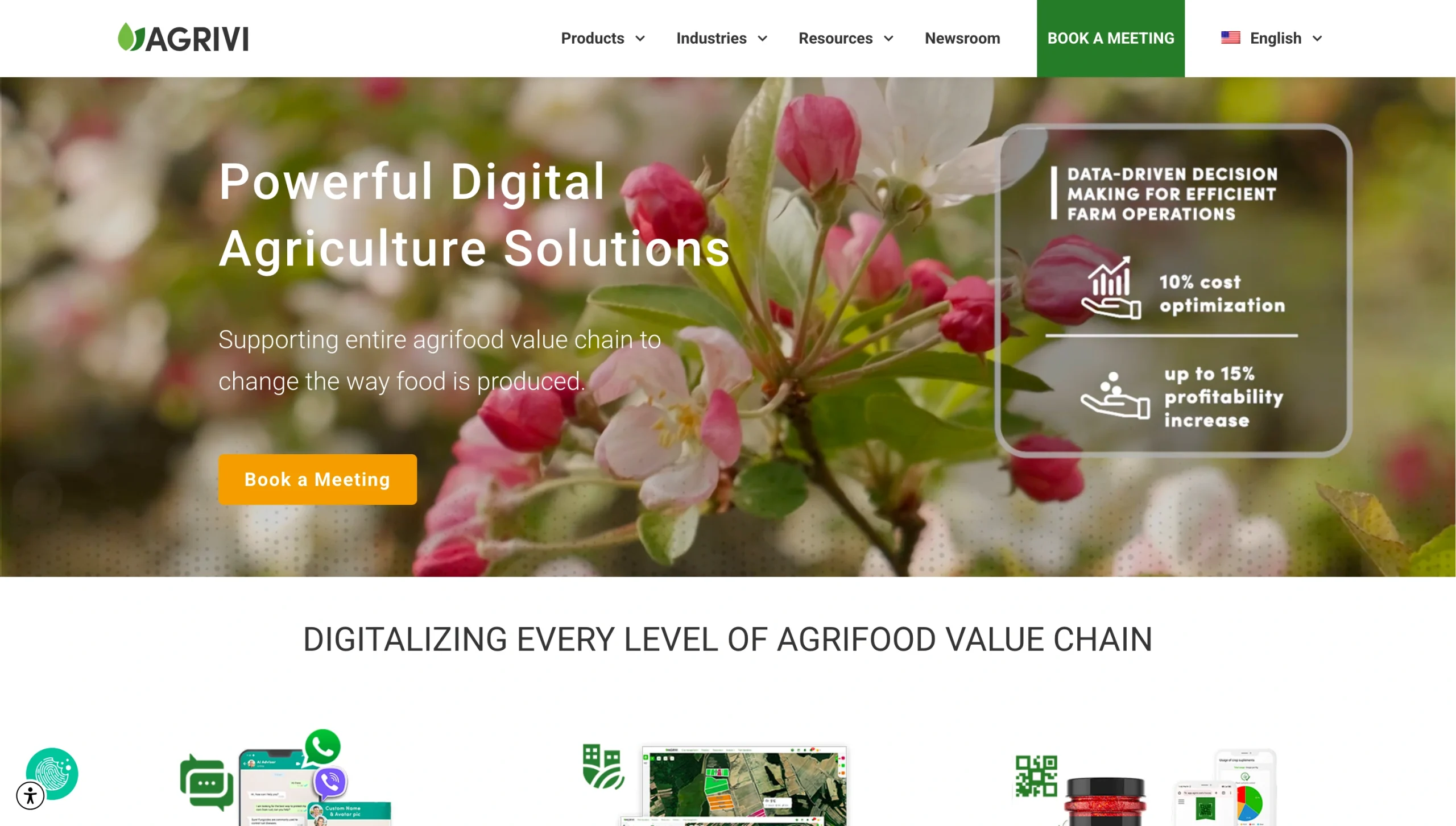 Screenshot of the Agrivi landing page, showing a headline "Powerful Digital Agriculture Solutions"