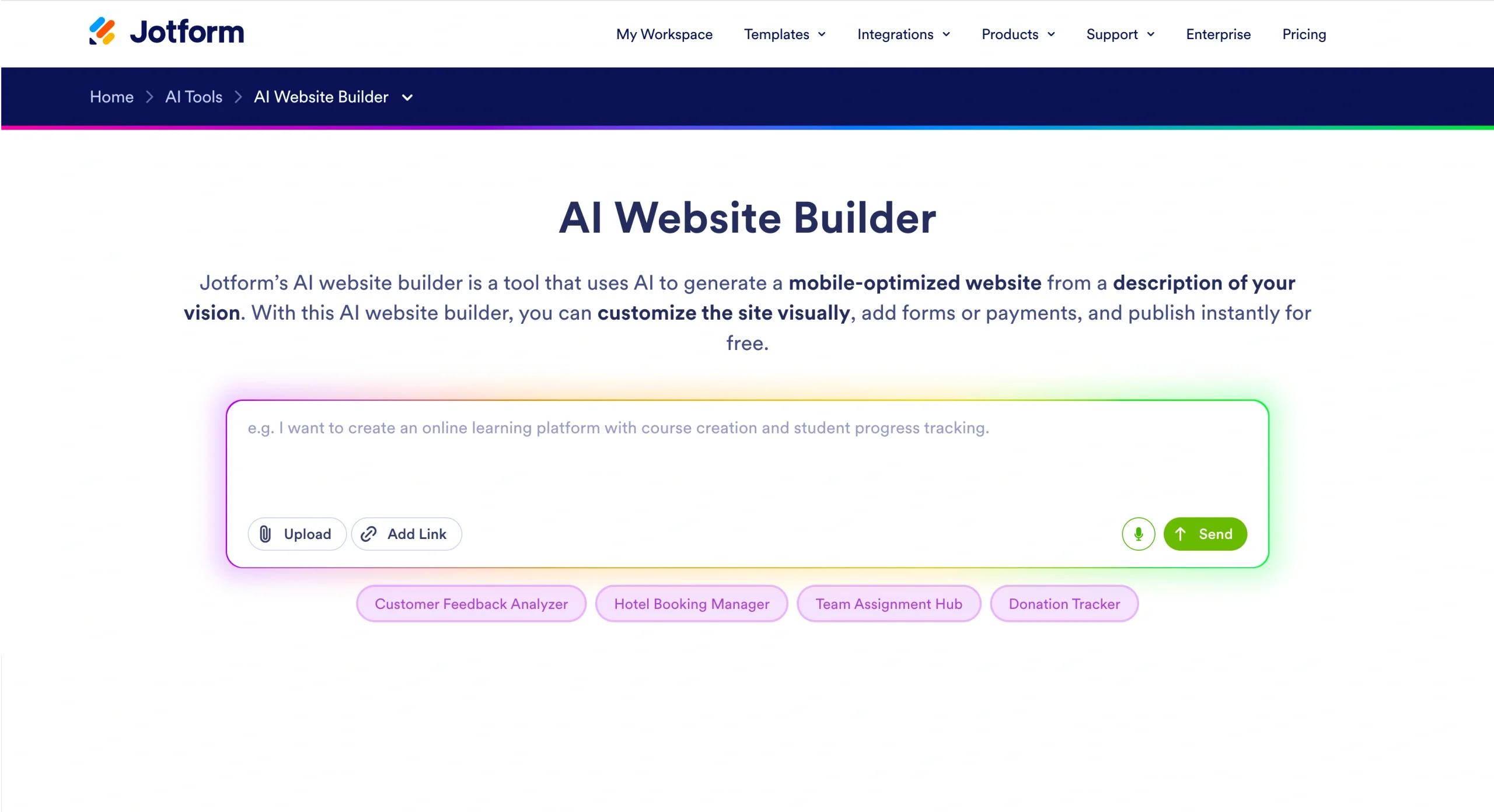 Screenshot of the Jotform AI Website Builder landing page, showing a prompt area