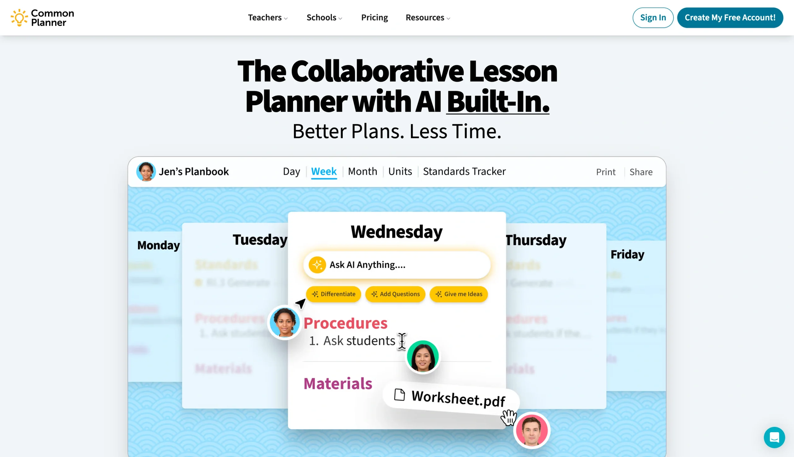Screenshot of the Common Planner landing page, showing a headline "The Collaborative Lesson Planner with AI Built-In"