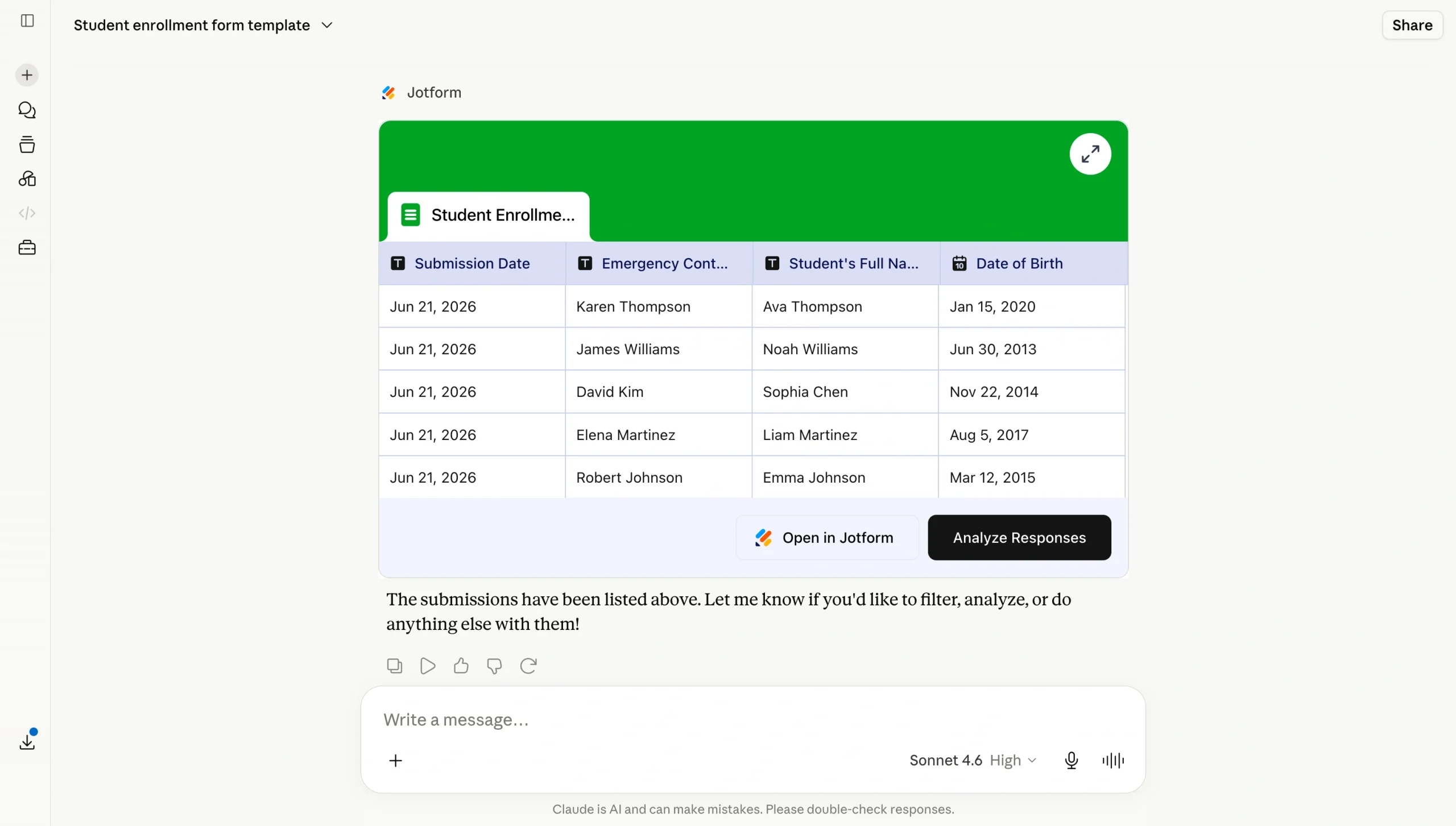 Claude showing Jotform form submissions in a response table