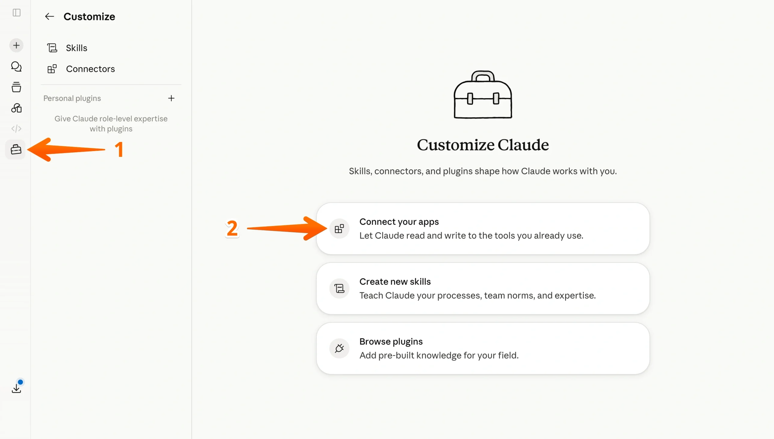 Claude Customize page showing where to click the customize icon and connect apps