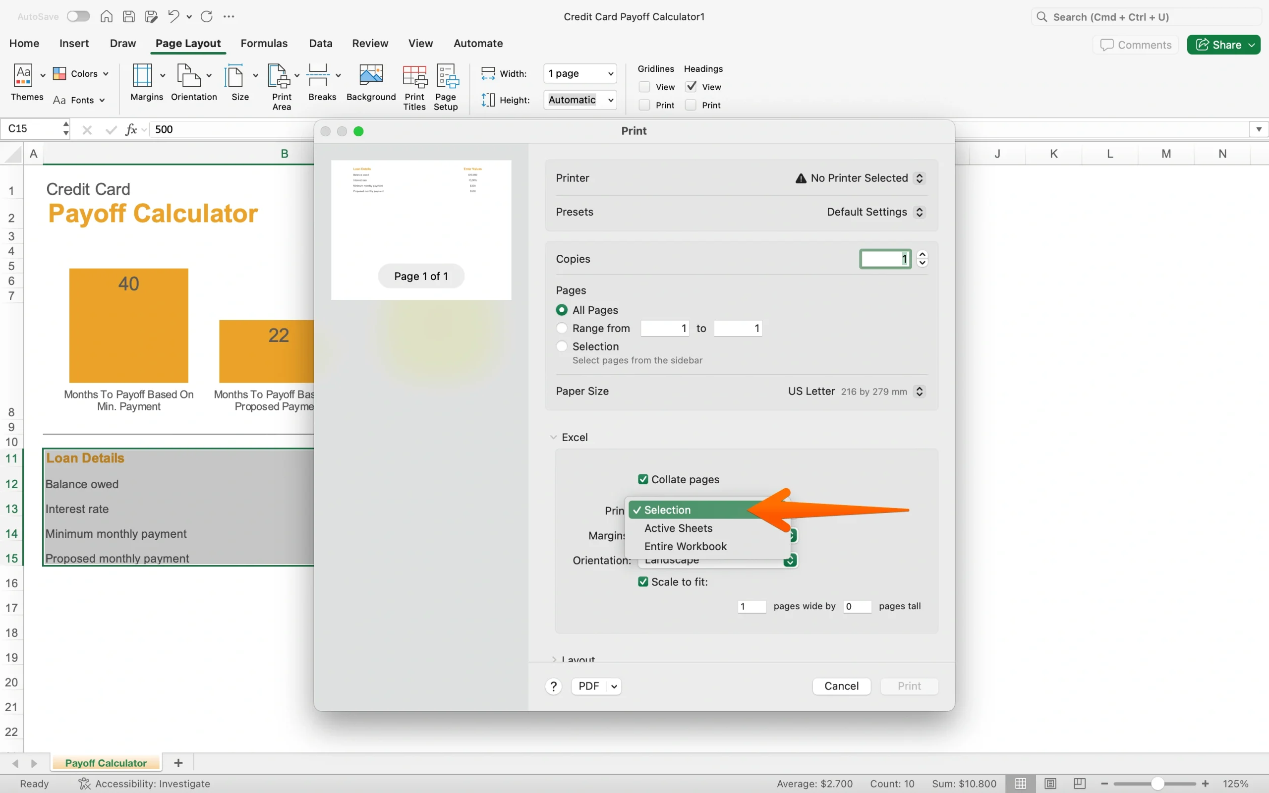 Excel print dialog showing the option to print the selected table only