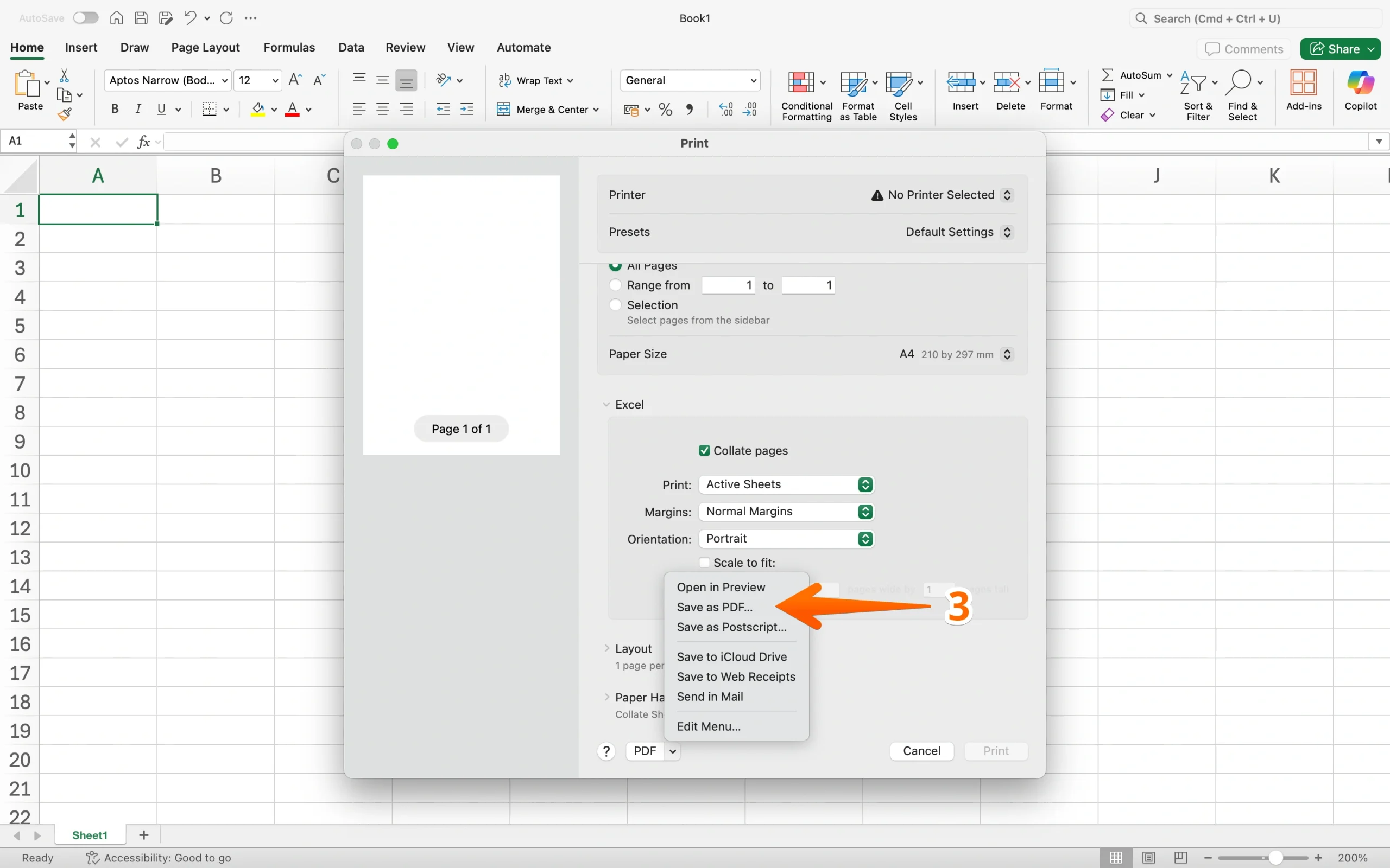 Excel print dialog showing the Save as PDF printer option