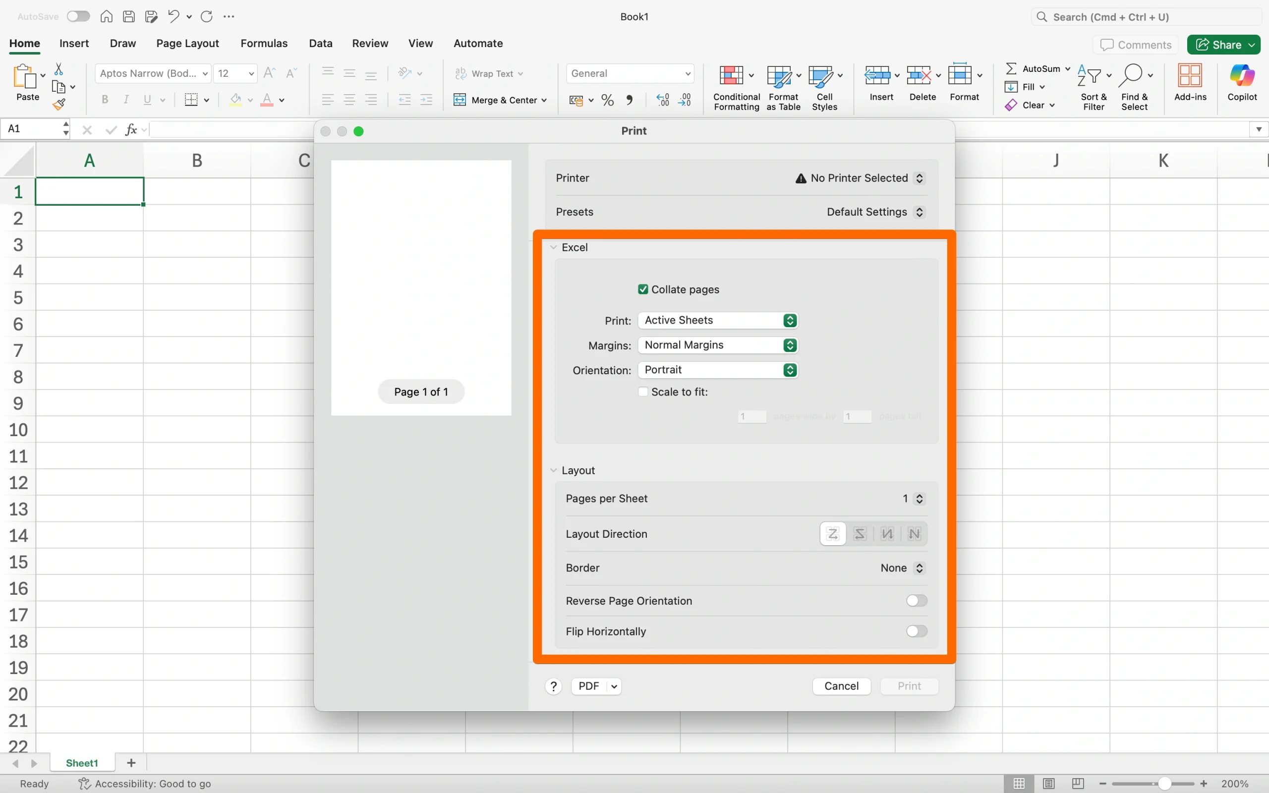 Excel print settings panel for adjusting page orientation, scaling, margins, and sheet layout before saving as PDF