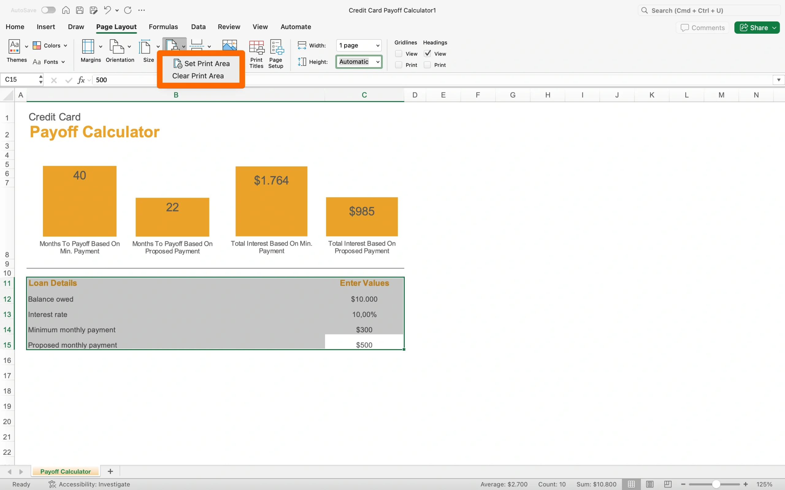 Excel worksheet with a selected print area highlighted from the Page Layout tab