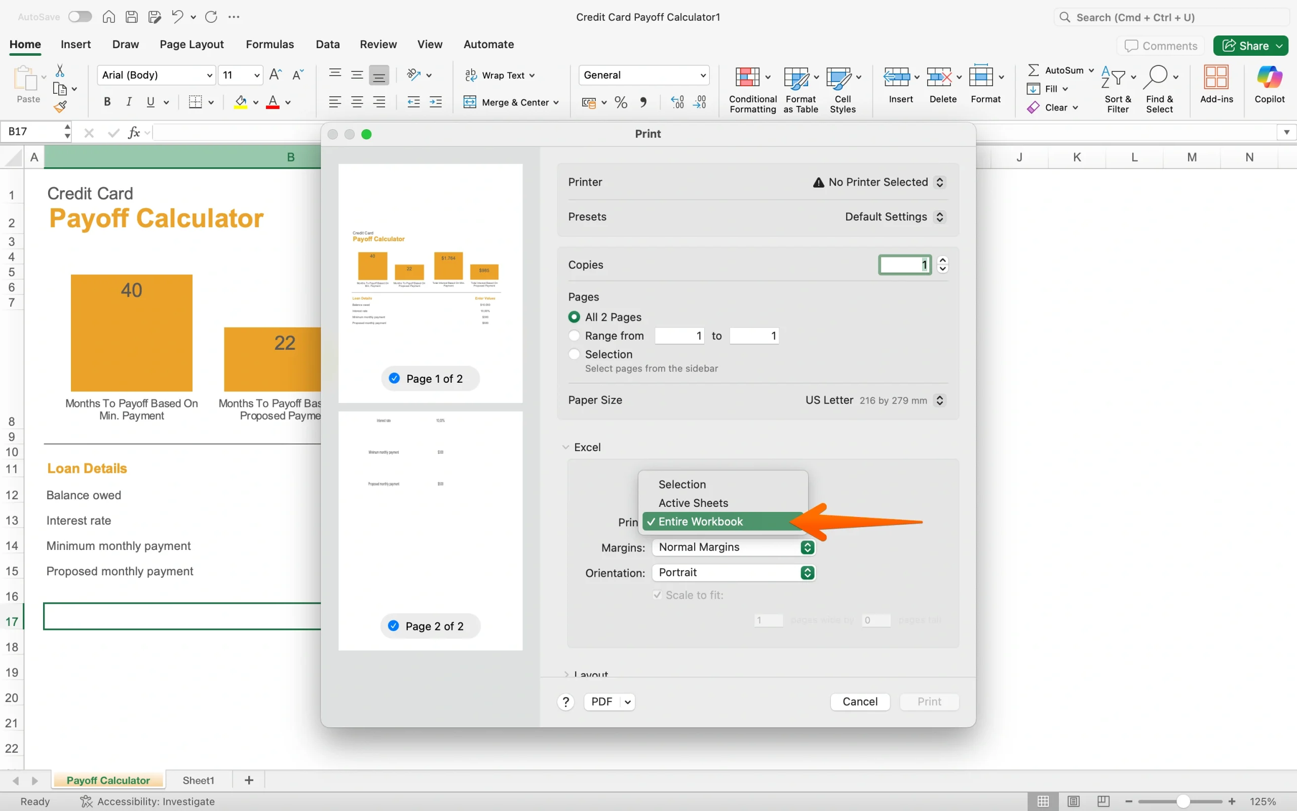 Excel print dialog showing the option to print the entire workbook