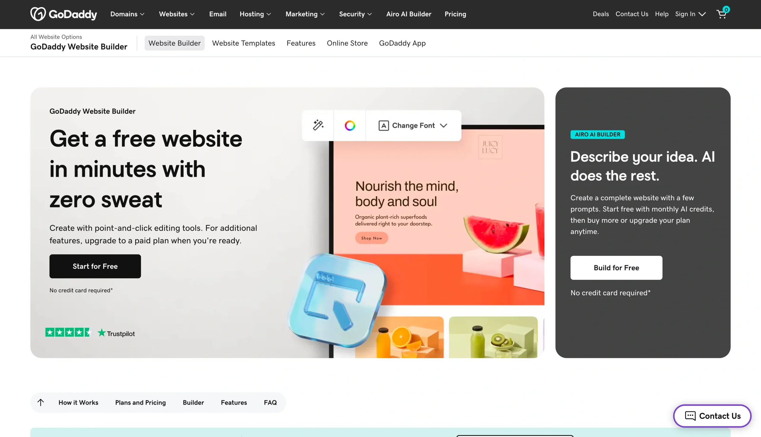 Screenshot of the GoDaddy landing page, showing a headline "Get a free website in minutes with zero sweat"