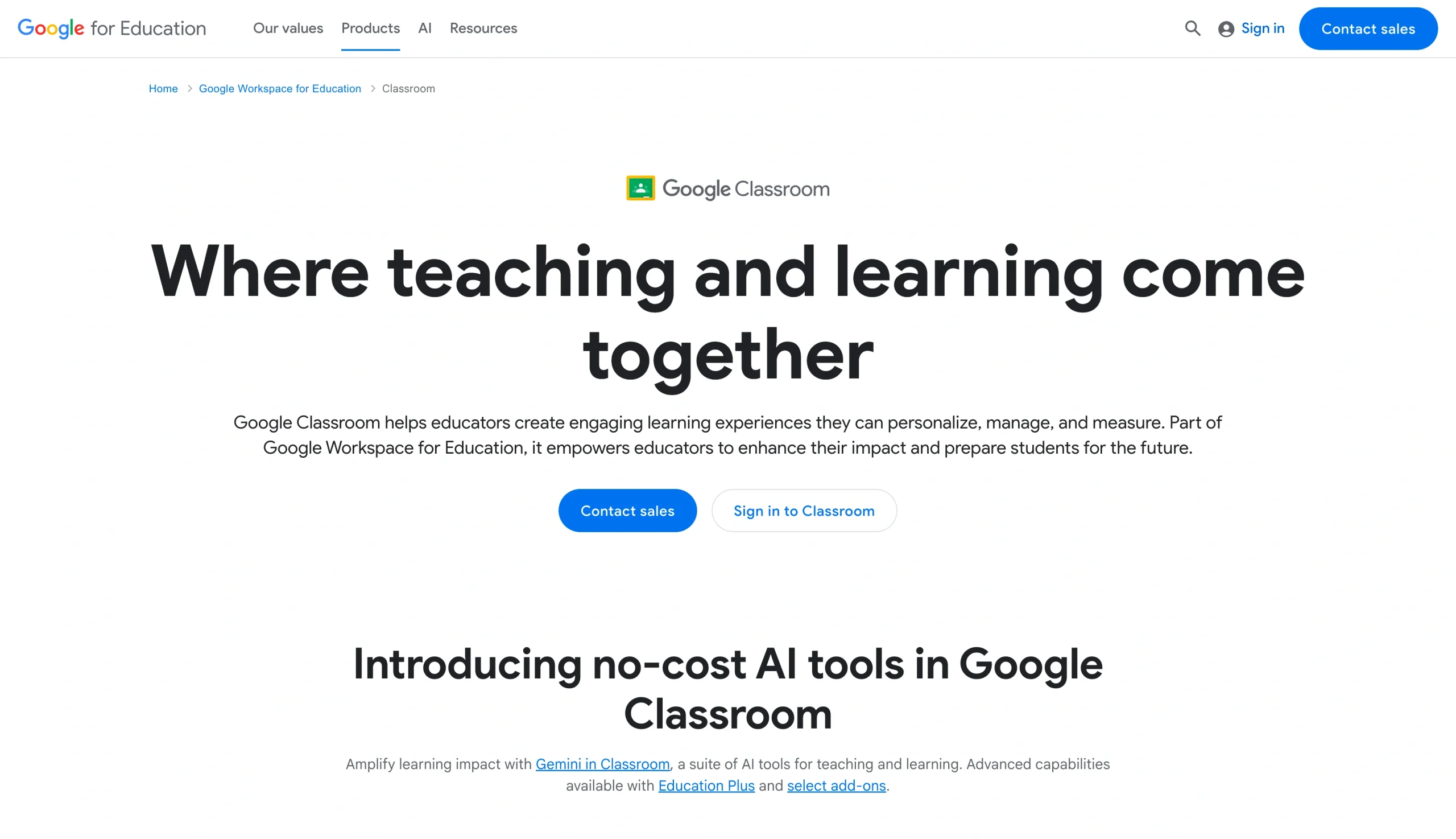 Screenshot of the Google Classroom landing page, showing a headline "Where teaching and learning come together"