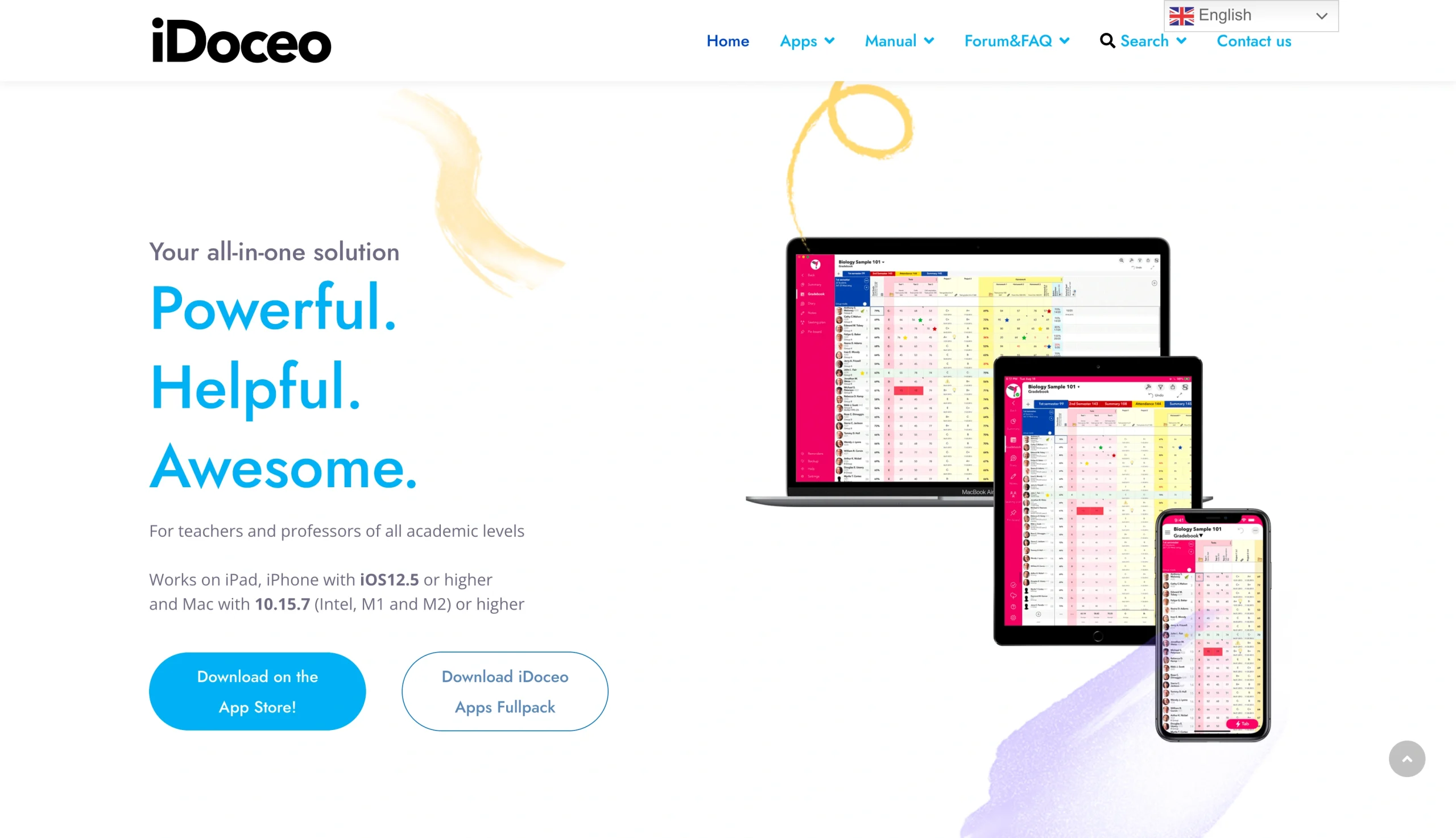 Screenshot of the iDoceo landing page, showing a headline "Powerful