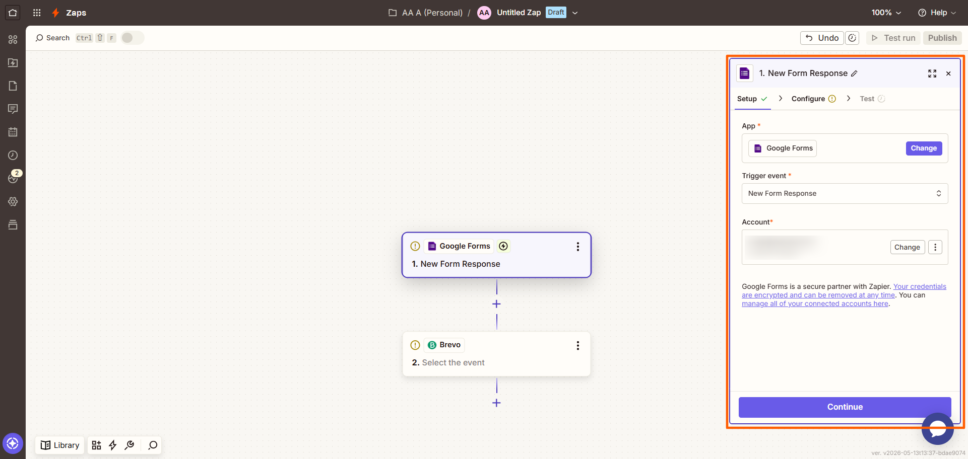 Zapier screen showing a Google Forms and Brevo connection setup