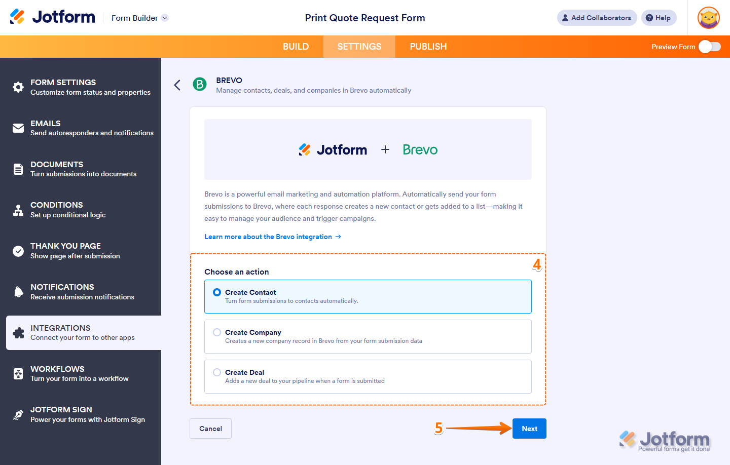 Jotform Brevo integration screen showing available actions